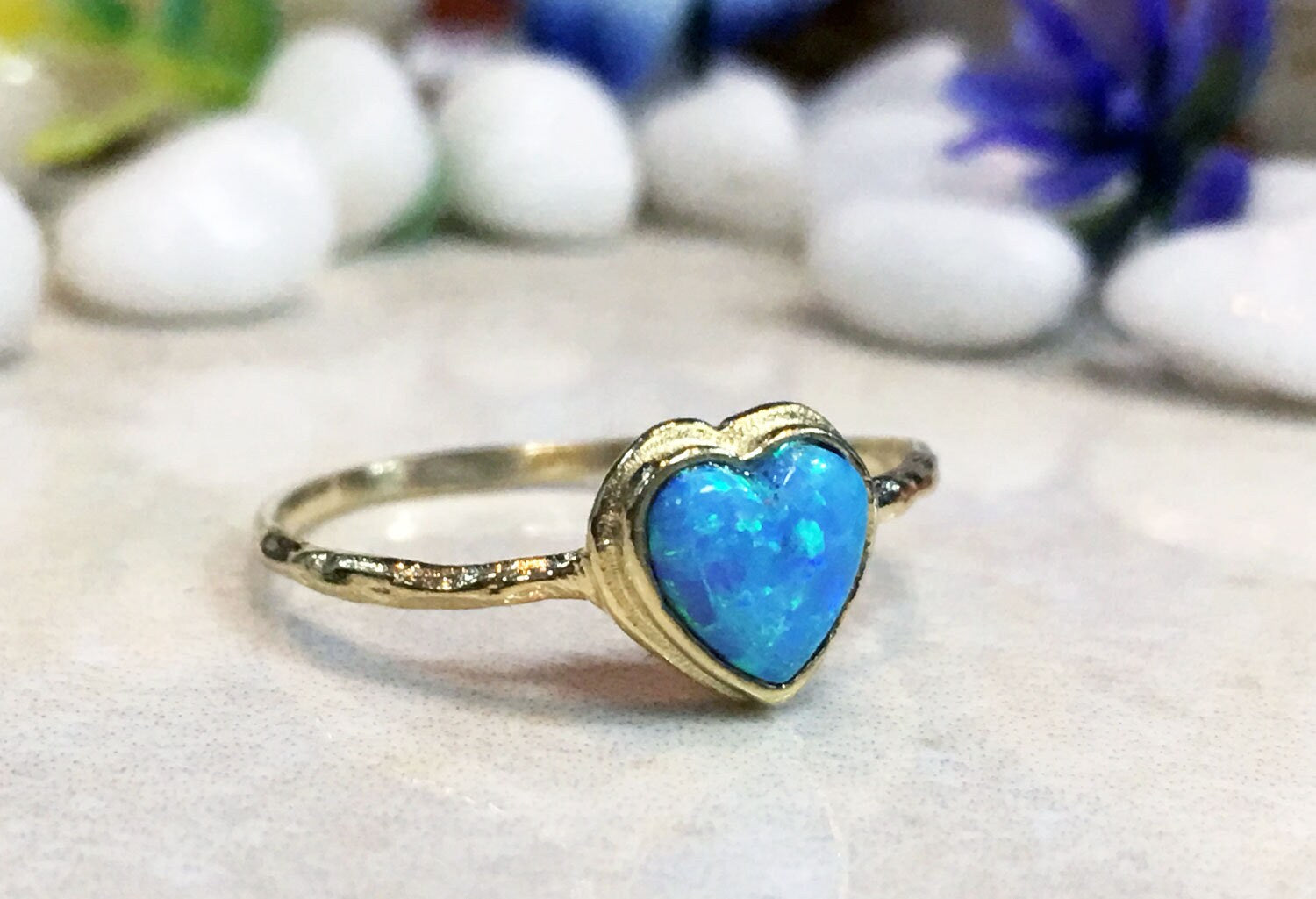 Blue Opal Ring - October Birthstone - Heart Blue Opal Delicate Hammered Band Ring - H.L.Jewelry