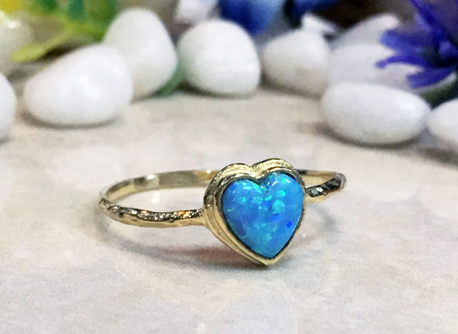 Blue Opal Ring - October Birthstone - Heart Blue Opal Delicate Hammered Band Ring - H.L.Jewelry