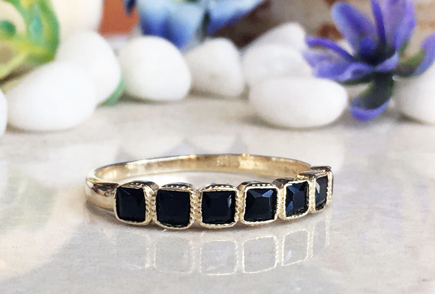 Black Onyx Ring - December Birthstone - Stacking Ring with Seven Square Black Onyx Gemstones - H.L.Jewelry