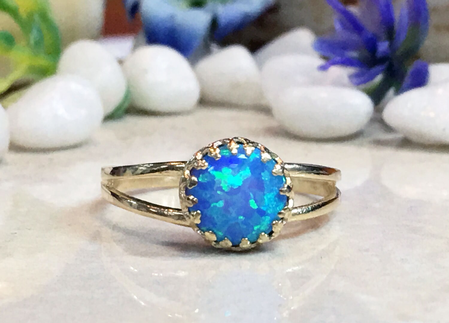 Blue Opal Ring - October Birthstone - Blue Opal Simple Double Band Round Crown Ring - H.L.Jewelry