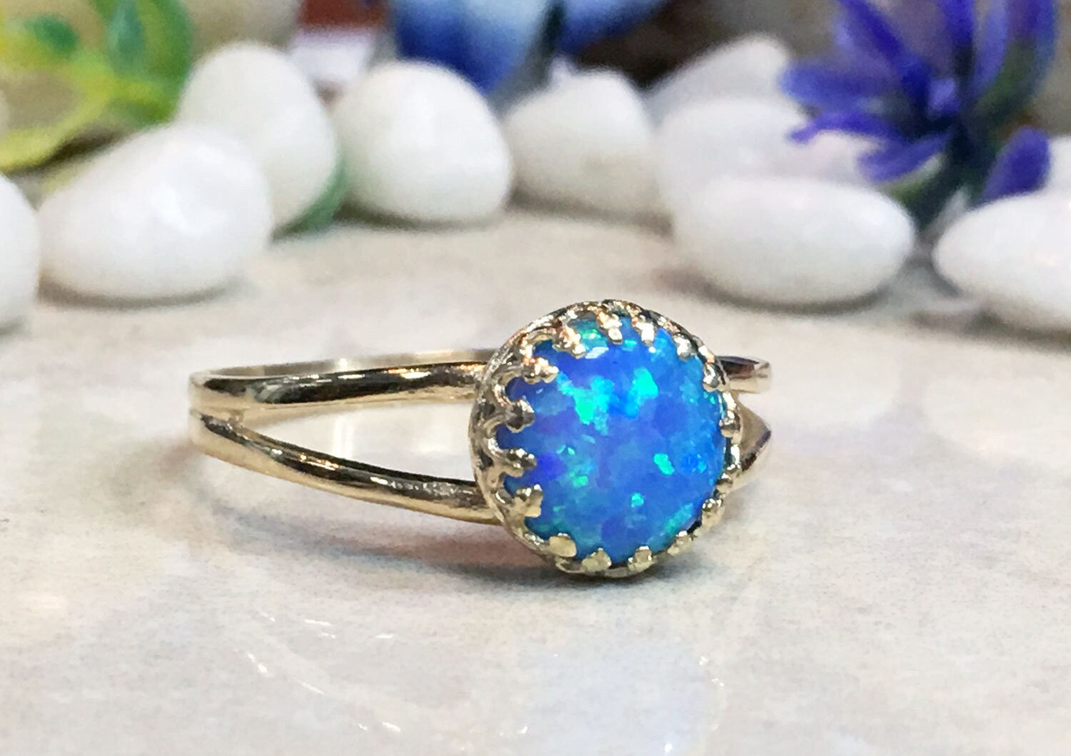 Blue Opal Ring - October Birthstone - Blue Opal Simple Double Band Round Crown Ring - H.L.Jewelry