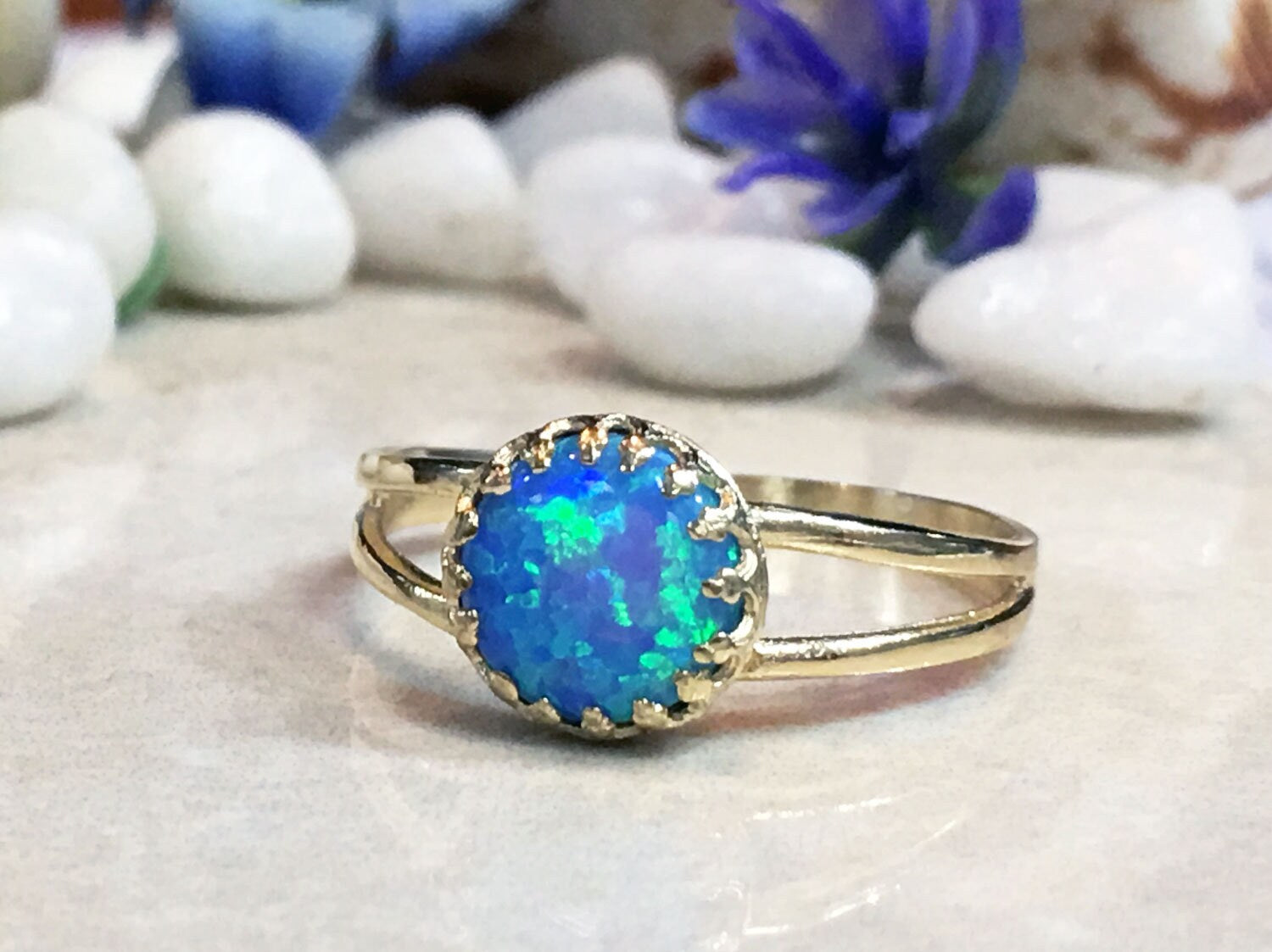 Blue Opal Ring - October Birthstone - Blue Opal Simple Double Band Round Crown Ring - H.L.Jewelry