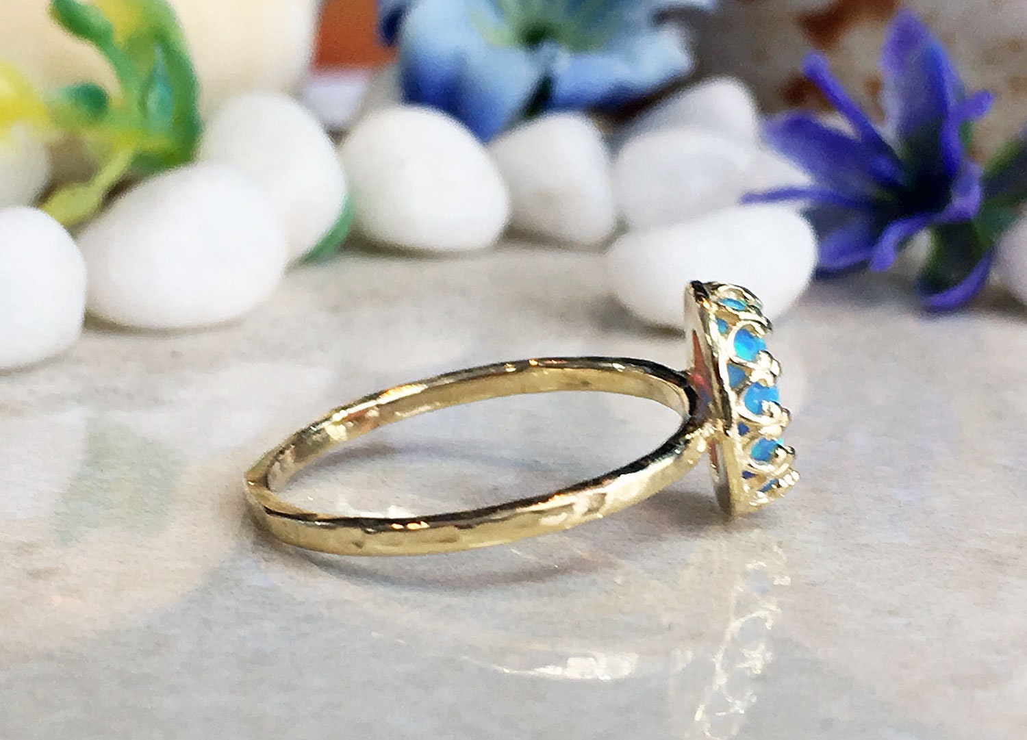 Blue Opal Ring - October Birthstone - Blue Opal Gemstone Oval Crown Delicate Hammered Band Ring - H.L.Jewelry