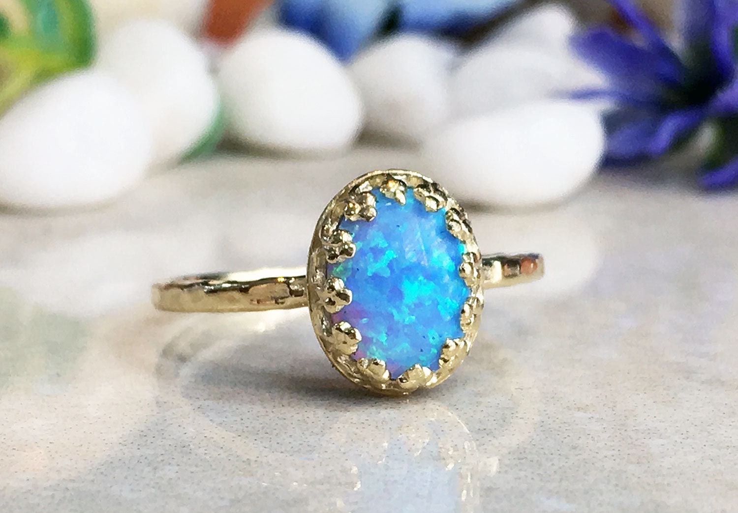 Blue Opal Ring - October Birthstone - Blue Opal Gemstone Oval Crown Delicate Hammered Band Ring - H.L.Jewelry