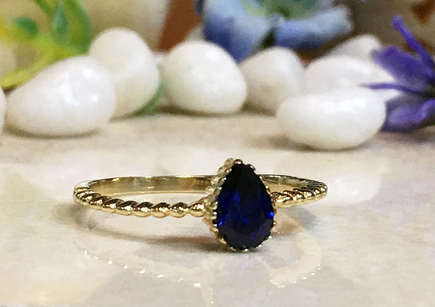 Blue Sapphire Ring - September Birthstone - Tiny Stacking Ring with Pear-Shaped Blue Sapphire Gemstone - H.L.Jewelry