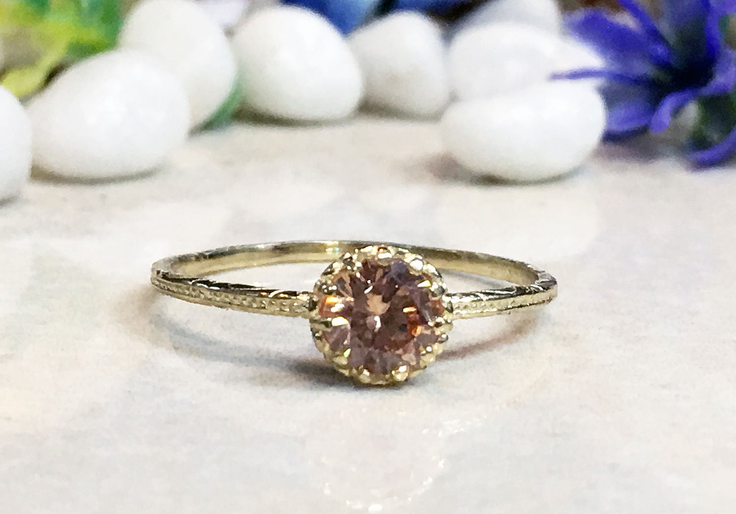 Citrine Ring - November Birthstone - Delicate Hammered Ring with Round Citrine Gemstone - H.L.Jewelry