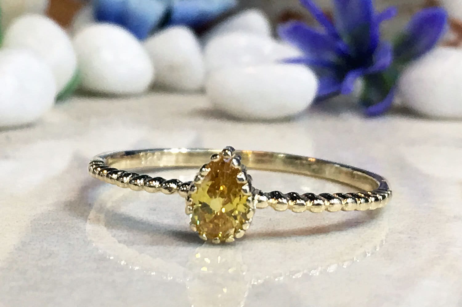 Citrine Ring - November Birthstone - Delicate Stacking Ring with Pear-Shaped Citrine Stone - H.L.Jewelry