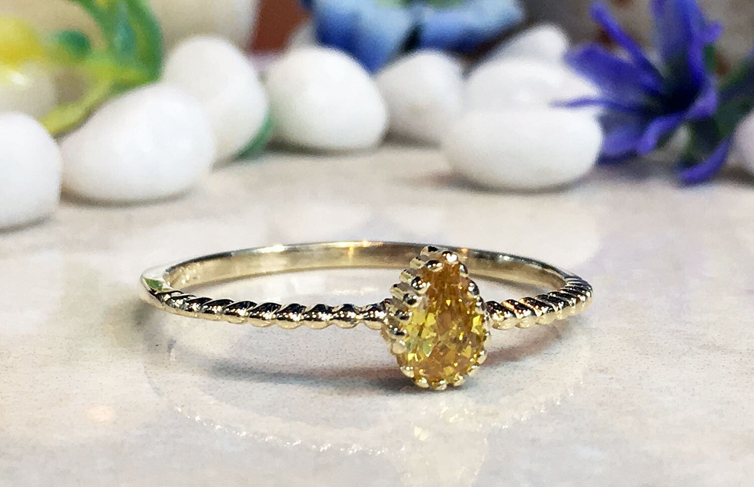 Citrine Ring - November Birthstone - Delicate Stacking Ring with Pear-Shaped Citrine Stone - H.L.Jewelry