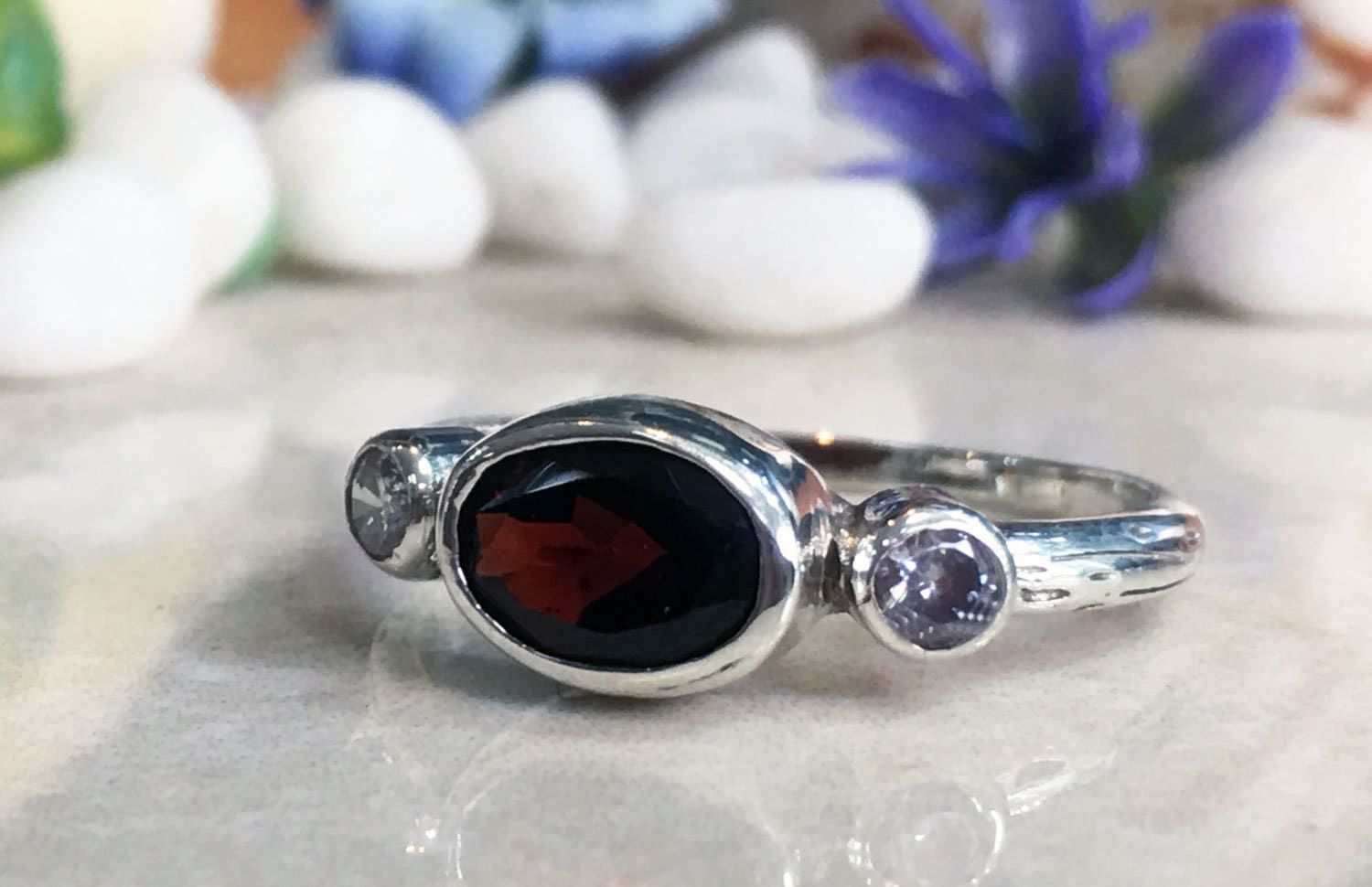 Red Garnet Ring - January Birthstone - Bezel Set Ring with Oval Red Garnet Gemstone and Clear Quartz Accents - H.L.Jewelry