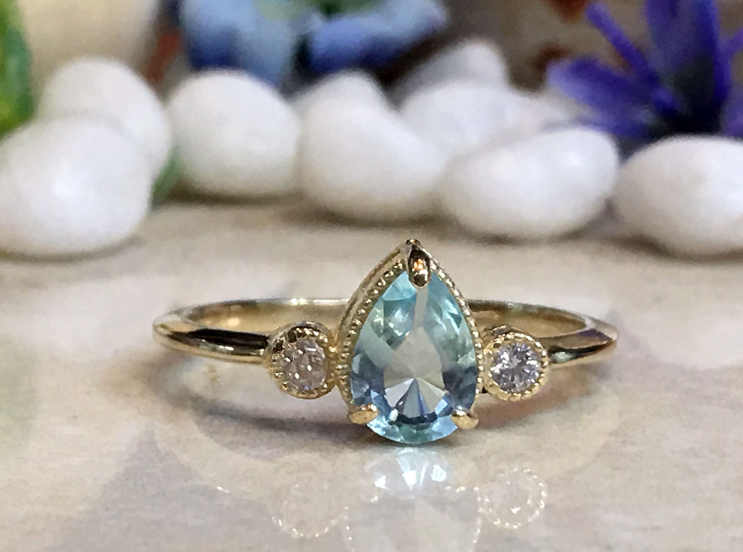 Aquamarine Ring - March Birthstone - Delicate Ring with Pear-Shaped Aquamarine Gemstone and Clear Quartz Accents - H.L.Jewelry