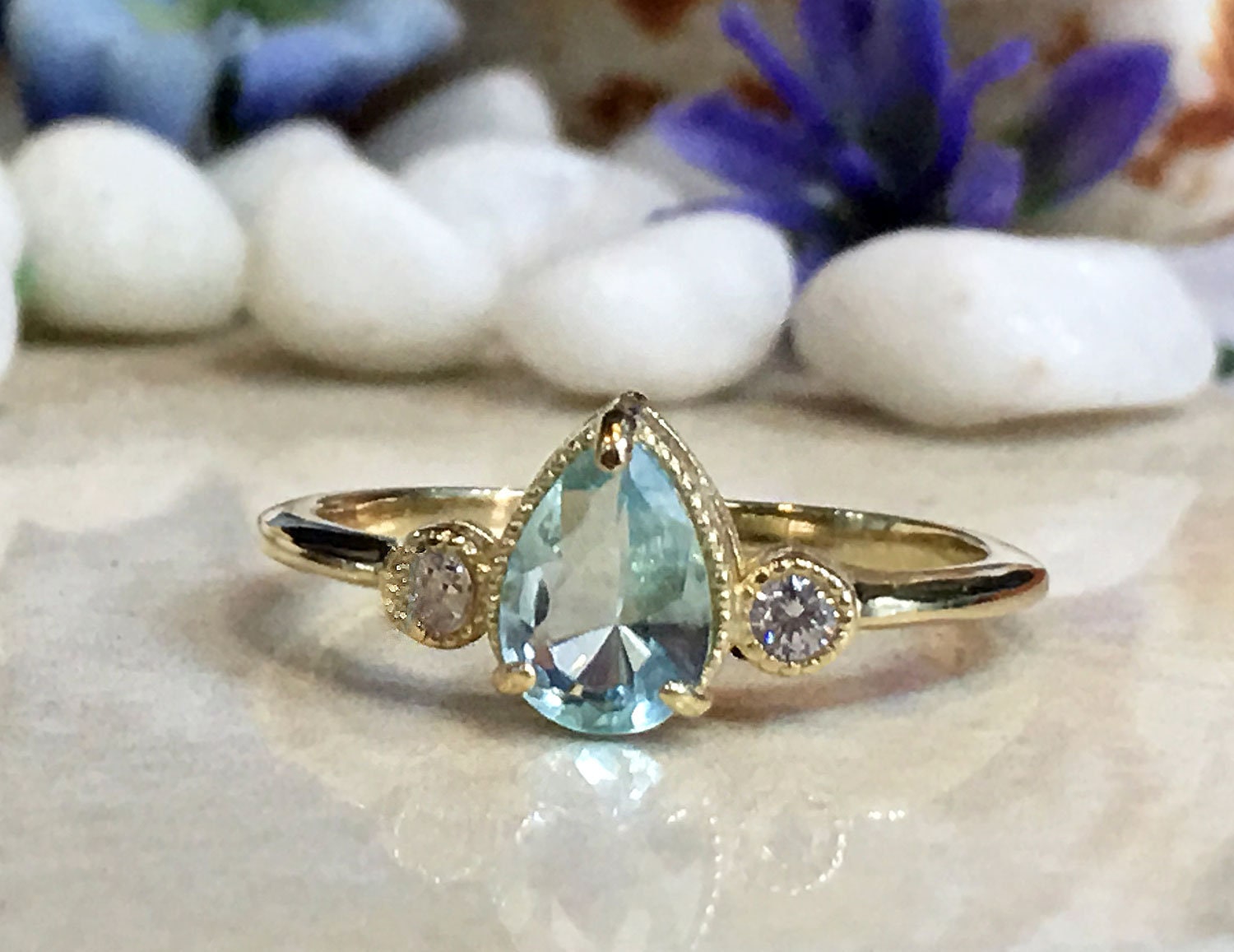 Aquamarine Ring - March Birthstone - Delicate Ring with Pear-Shaped Aquamarine Gemstone and Clear Quartz Accents - H.L.Jewelry