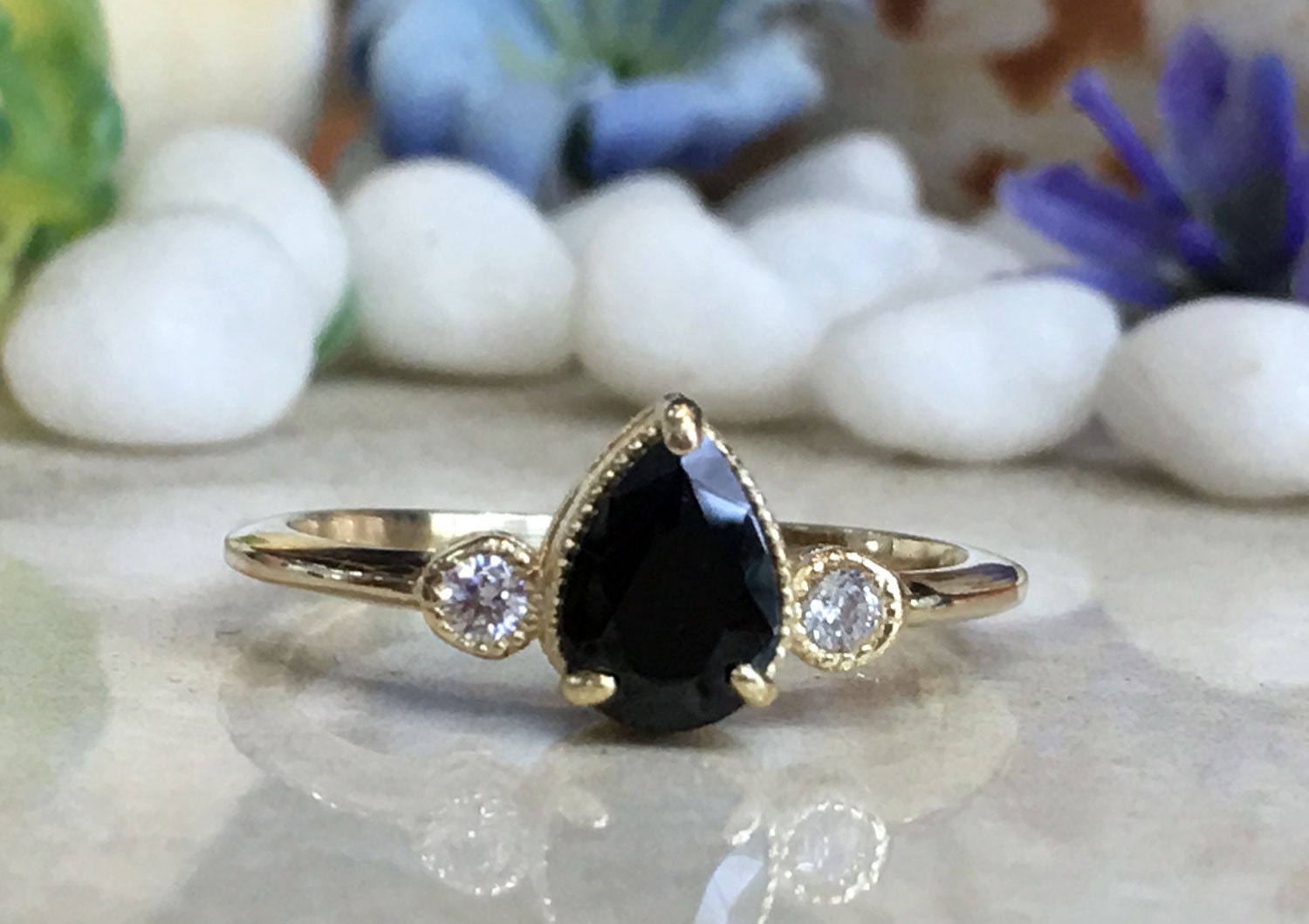 Black Onyx Ring - December Birthstone - Delicate Pear Shape Black Onyx Ring with Clear Quartz Accents - H.L.Jewelry