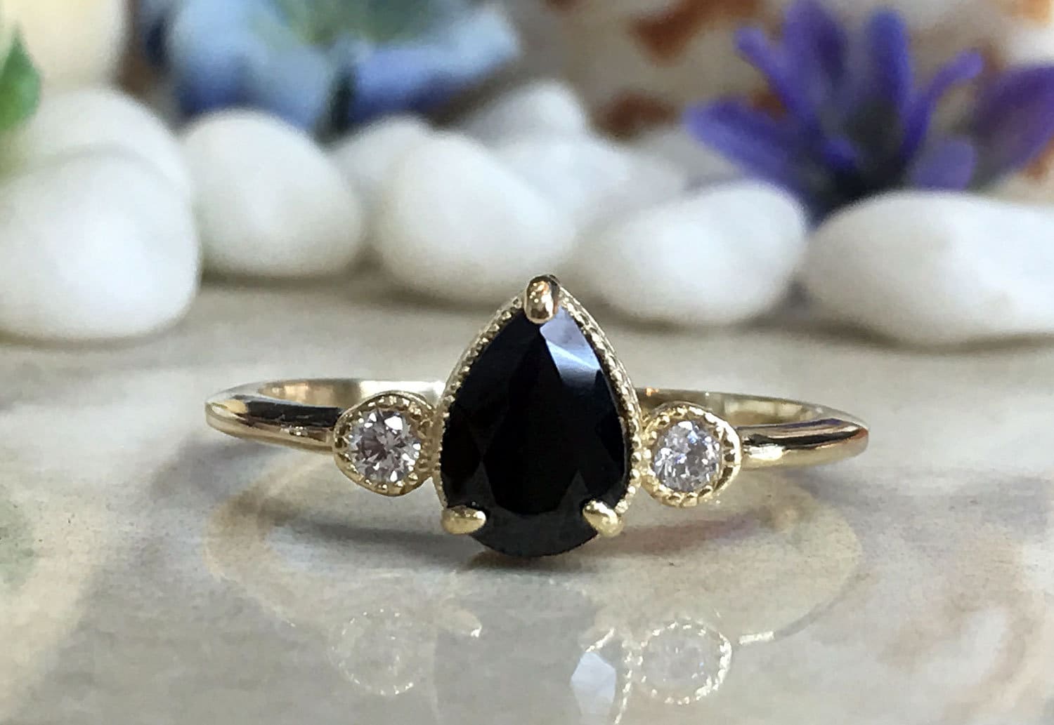 Black Onyx Ring - December Birthstone - Delicate Pear Shape Black Onyx Ring with Clear Quartz Accents - H.L.Jewelry