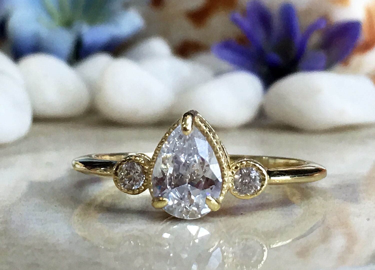 Clear Quartz Ring - April Birthstone - Delicate Ring with Pear-Shaped Clear Quartz Gemstone and Small Clear Quartz Accents - H.L.Jewelry