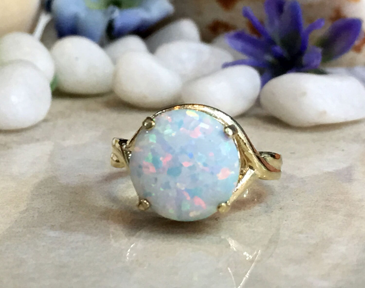 White Opal Ring - Round White Opal Gemstone Statement Ring - H.L.Jewelry