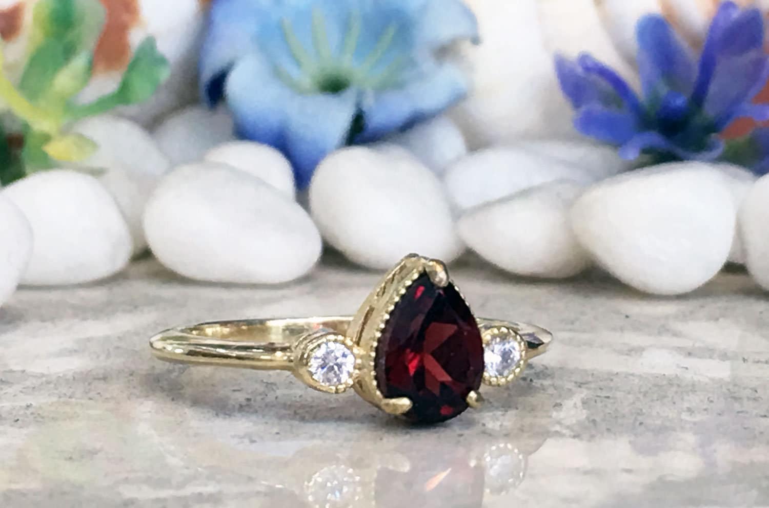 Red Garnet Ring - January Birthstone - Delicate Ring with Pear-Shaped Red Garnet Gemstone and Clear Quartz Accents - H.L.Jewelry