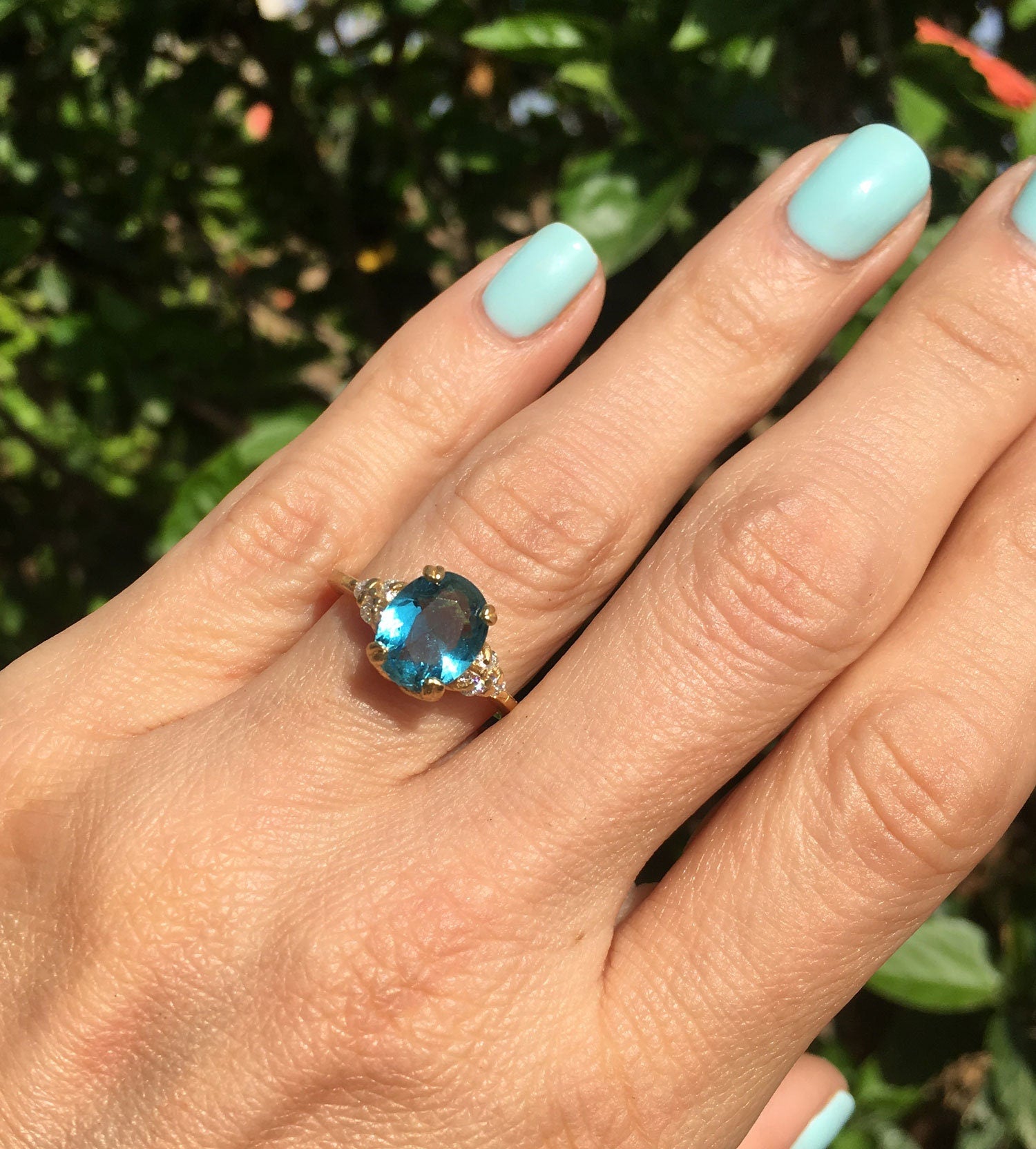 Blue Topaz Ring - December Birthstone - Oval Blue Topaz Statement Engagement Ring with Clear Quartz Accents - H.L.Jewelry