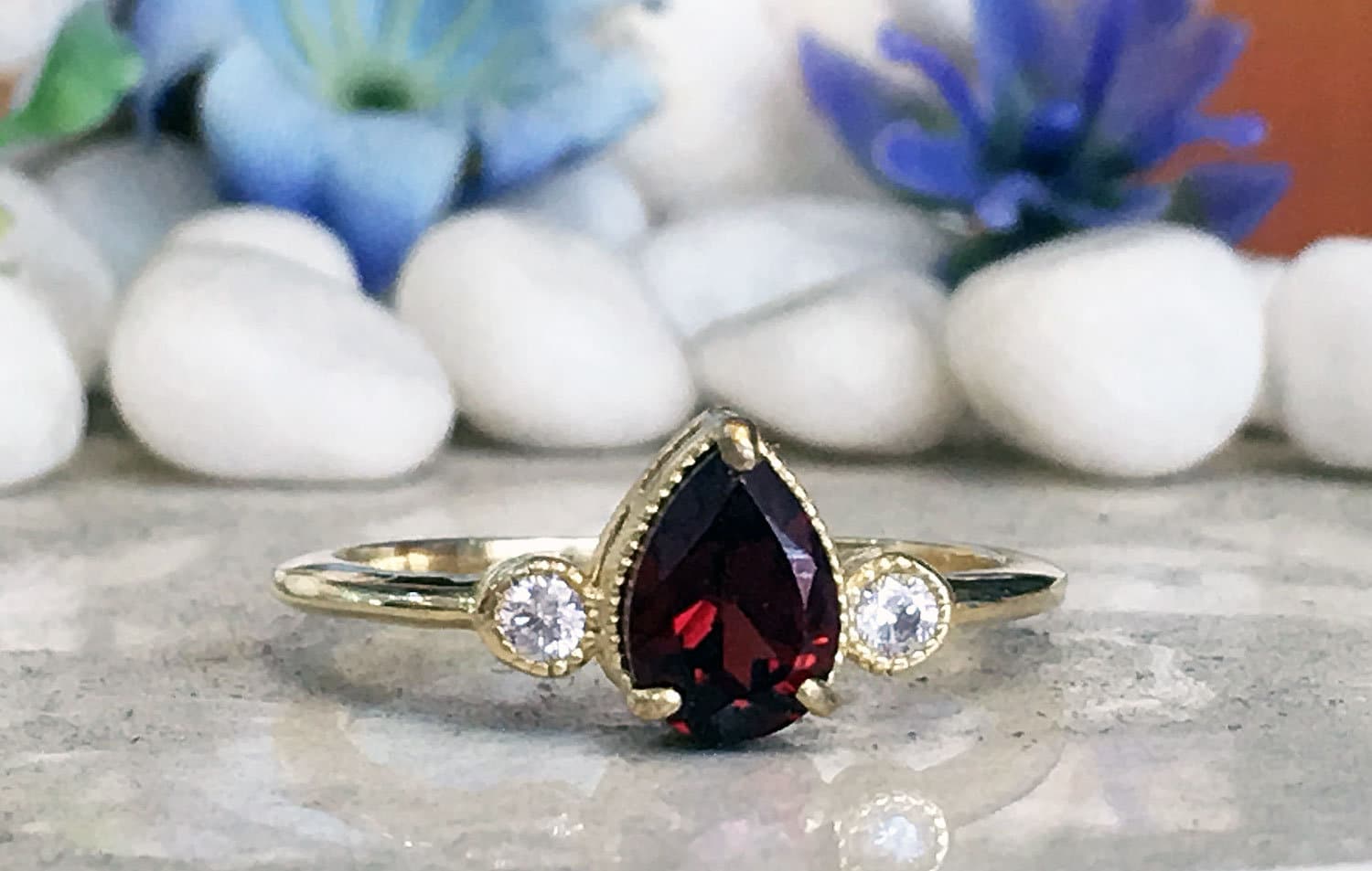 Red Garnet Ring - January Birthstone - Delicate Ring with Pear-Shaped Red Garnet Gemstone and Clear Quartz Accents - H.L.Jewelry