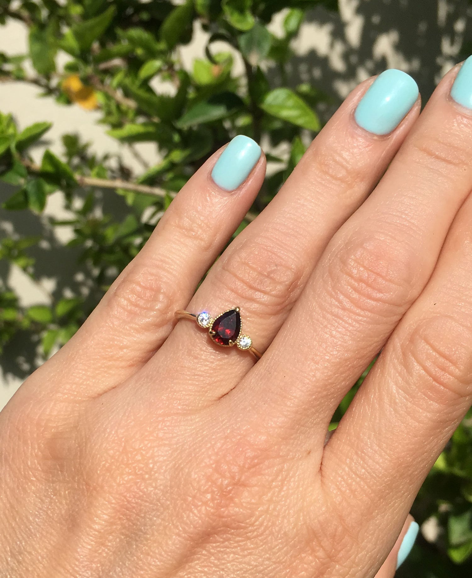 Red Garnet Ring - January Birthstone - Delicate Ring with Pear-Shaped Red Garnet Gemstone and Clear Quartz Accents - H.L.Jewelry