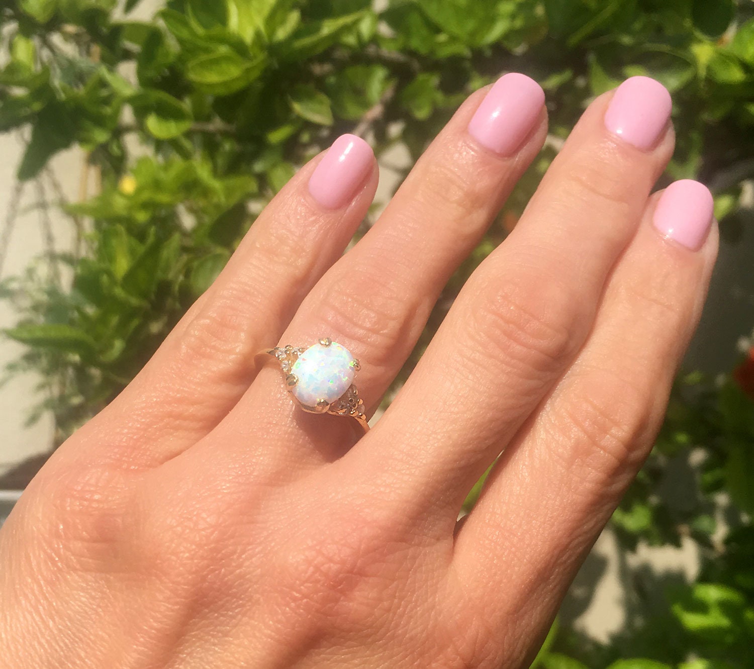 White Opal Ring - Oval White Opal Gemstone Statement Engagement Ring with Clear Quartz Accents - H.L.Jewelry