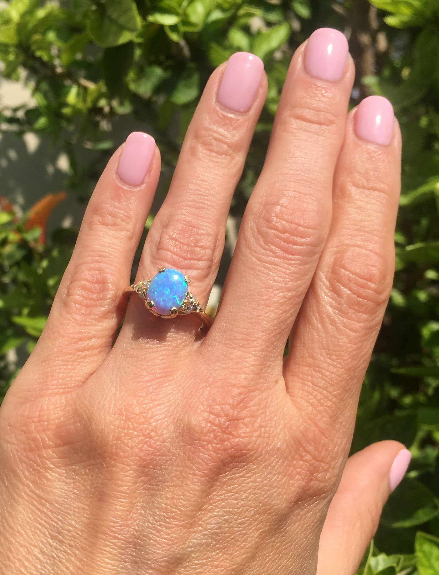 Blue Opal Ring - October Birthstone - Oval Blue Opal Gemstone Statement Engagement Ring with Clear Quartz Accents - H.L.Jewelry