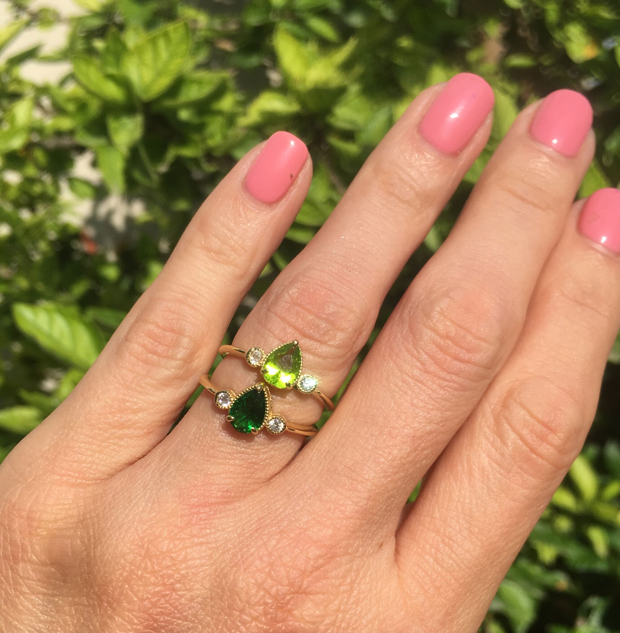 Emerald Ring - May Birthstone - Delicate Ring with Pear-Shaped Emerald Gemstone and Clear Quartz Accents - H.L.Jewelry