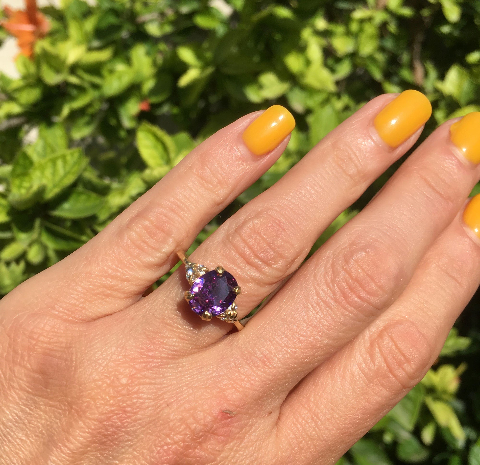 Purple Amethyst Ring - February Birthstone - Oval Purple Amethyst Gemstone Statement Engagement Ring with Clear Quartz Accents - H.L.Jewelry