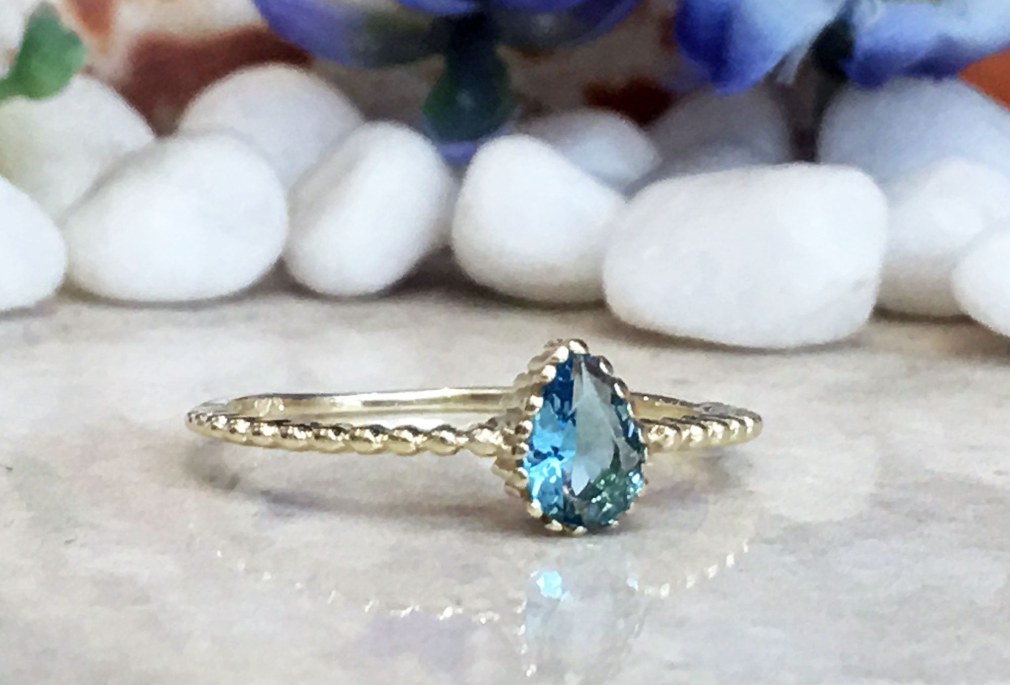 Blue Topaz Ring - December Birthstone - Tiny Delicate Ring with Pear-Shaped Blue Topaz Stone - H.L.Jewelry