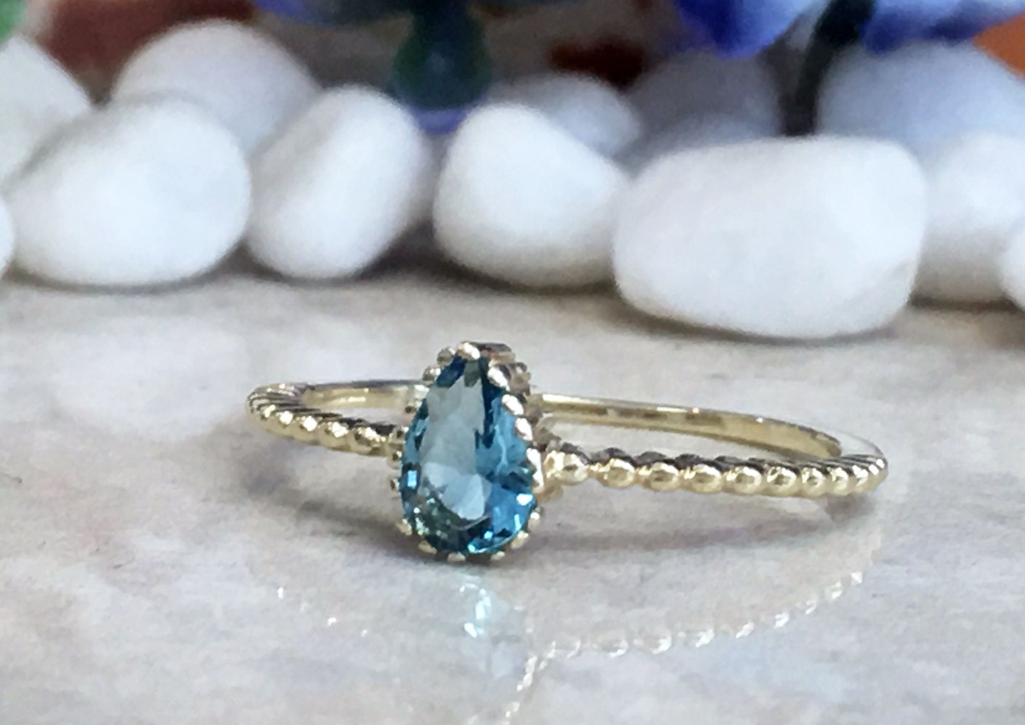 Blue Topaz Ring - December Birthstone - Tiny Delicate Ring with Pear-Shaped Blue Topaz Stone - H.L.Jewelry