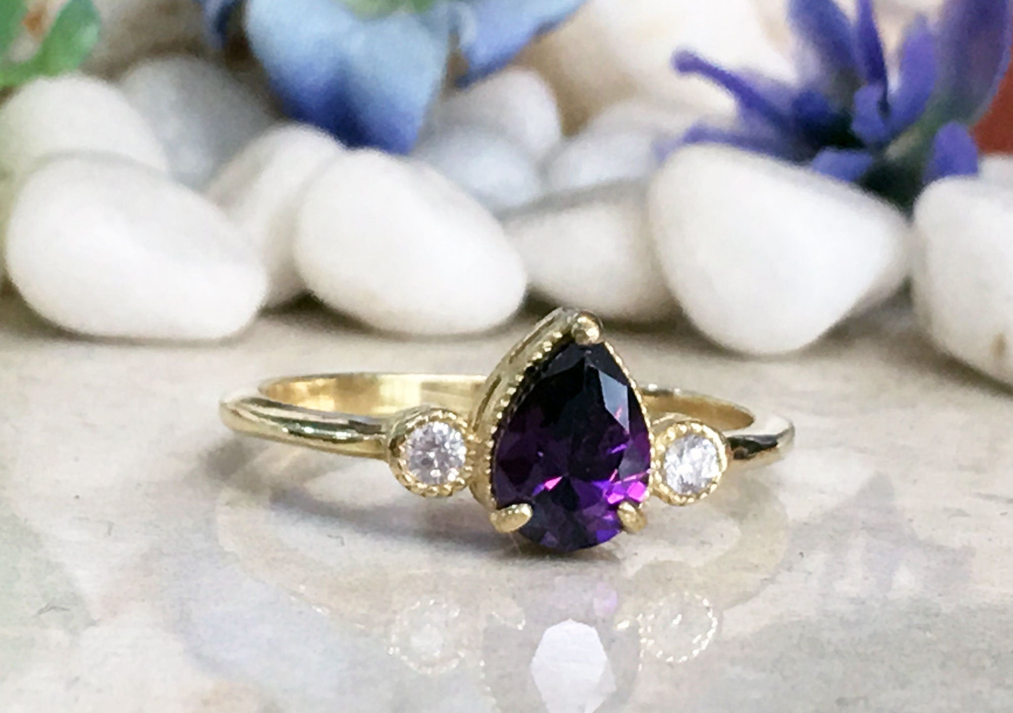 Purple Amethyst Ring - February Birthstone - Delicate Ring with Pear-Shaped Purple Amethyst Gemstone and Clear Quartz Accents - H.L.Jewelry