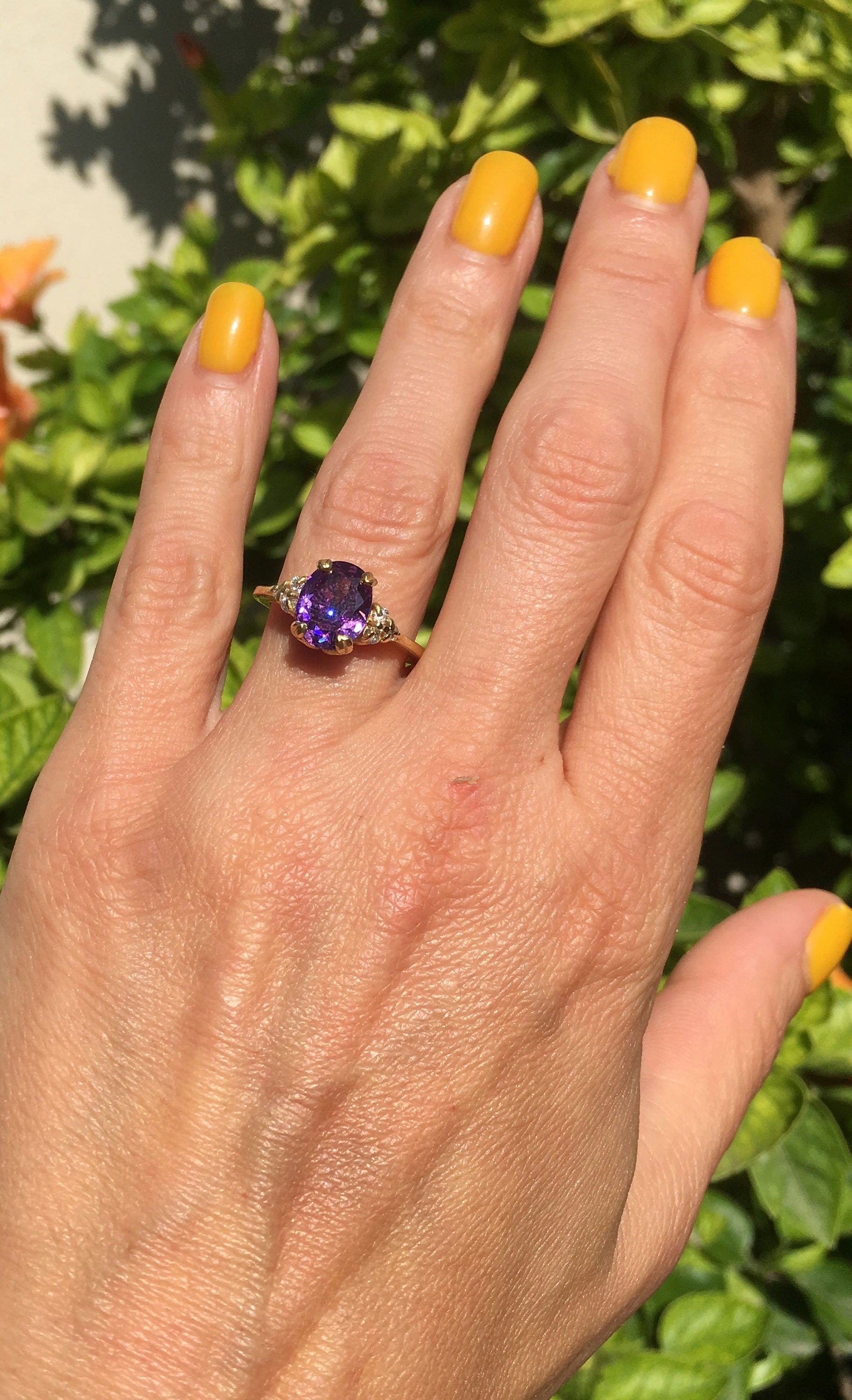 Purple Amethyst Ring - February Birthstone - Oval Purple Amethyst Gemstone Statement Engagement Ring with Clear Quartz Accents - H.L.Jewelry