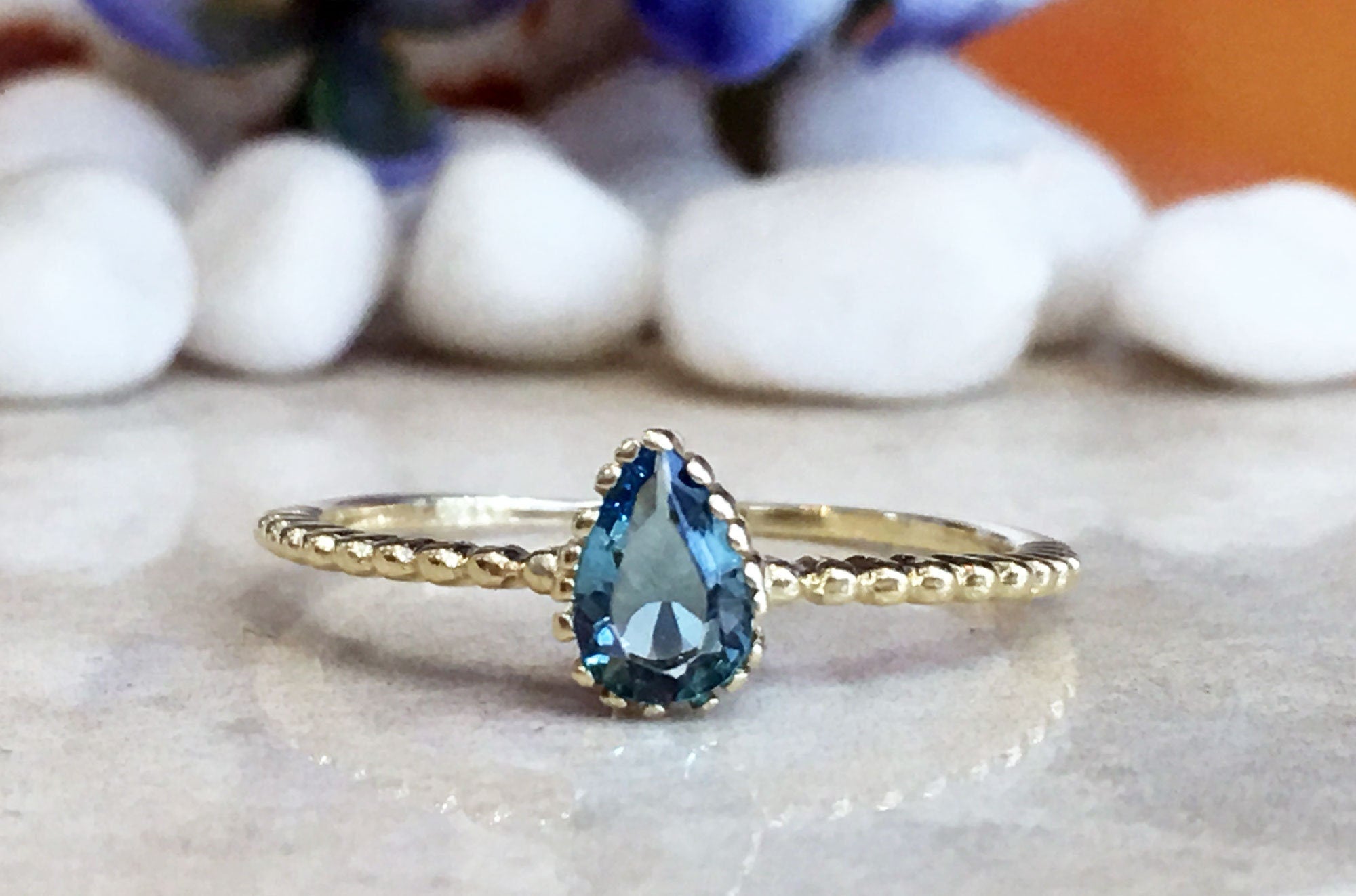 Blue Topaz Ring - December Birthstone - Tiny Delicate Ring with Pear-Shaped Blue Topaz Stone - H.L.Jewelry