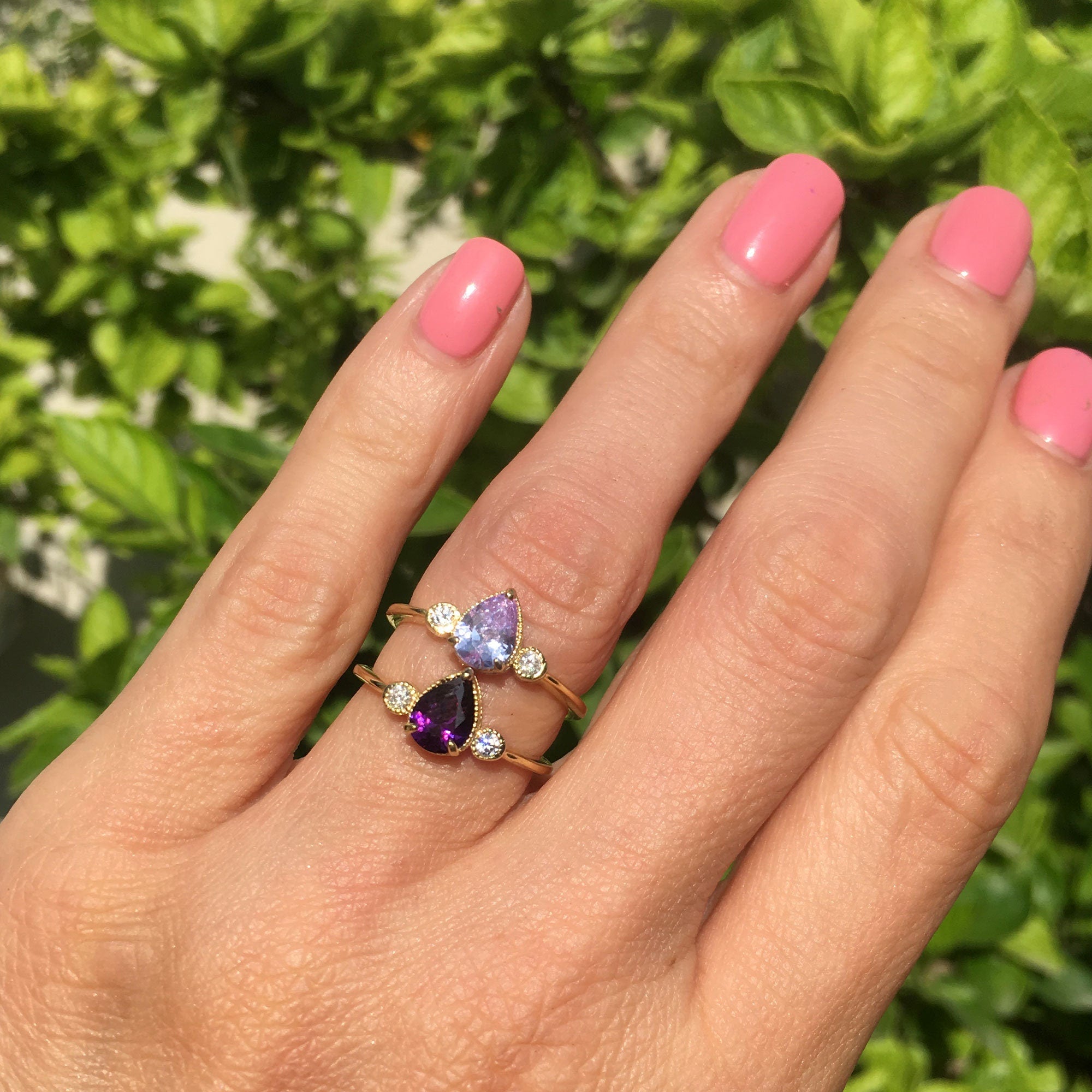 Purple Amethyst Ring - February Birthstone - Delicate Ring with Pear-Shaped Purple Amethyst Gemstone and Clear Quartz Accents - H.L.Jewelry