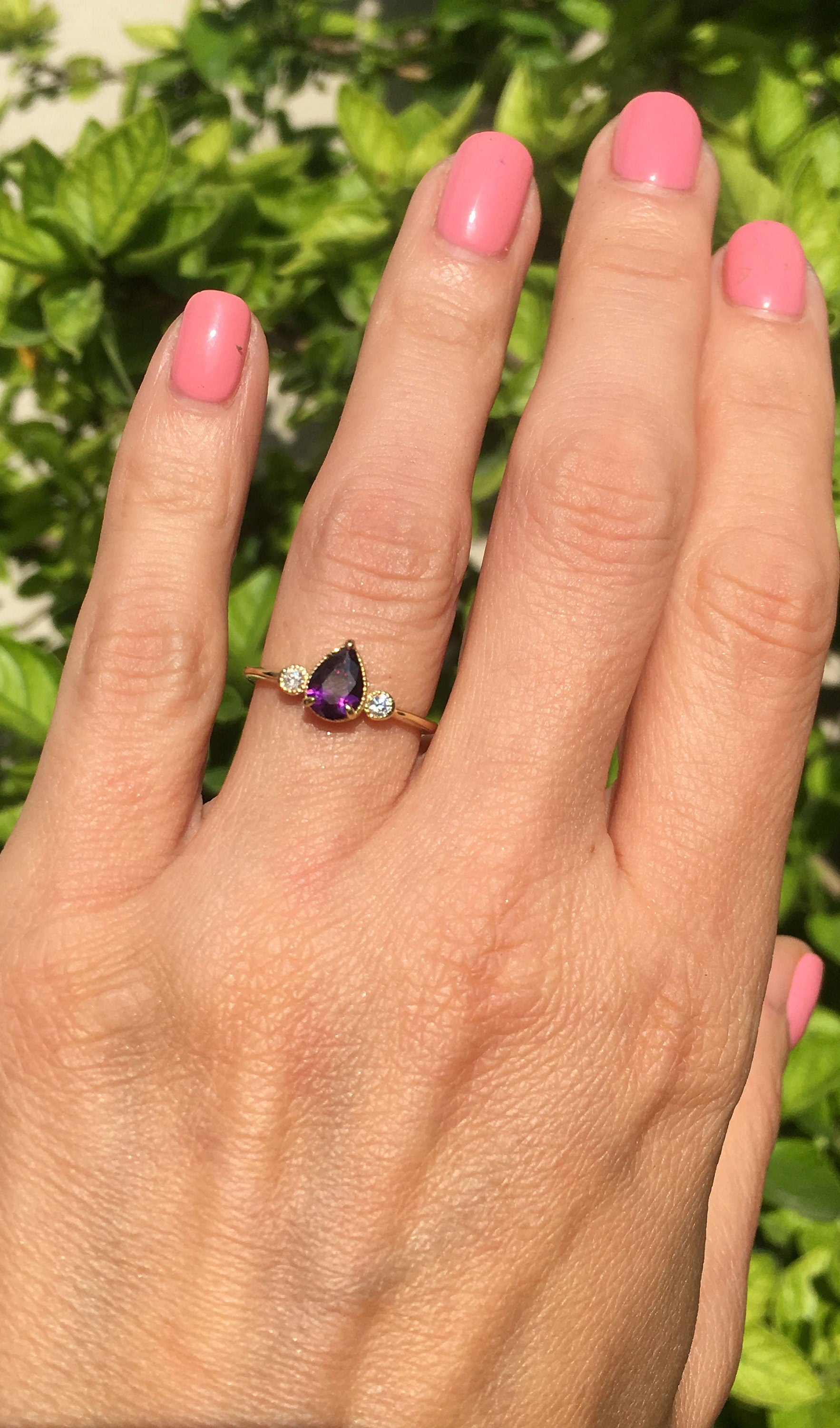 Purple Amethyst Ring - February Birthstone - Delicate Ring with Pear-Shaped Purple Amethyst Gemstone and Clear Quartz Accents - H.L.Jewelry