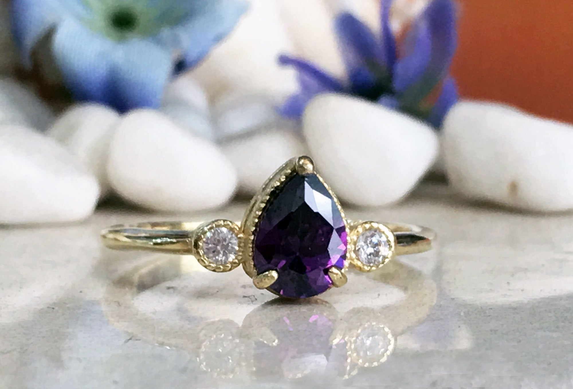 Purple Amethyst Ring - February Birthstone - Delicate Ring with Pear-Shaped Purple Amethyst Gemstone and Clear Quartz Accents - H.L.Jewelry