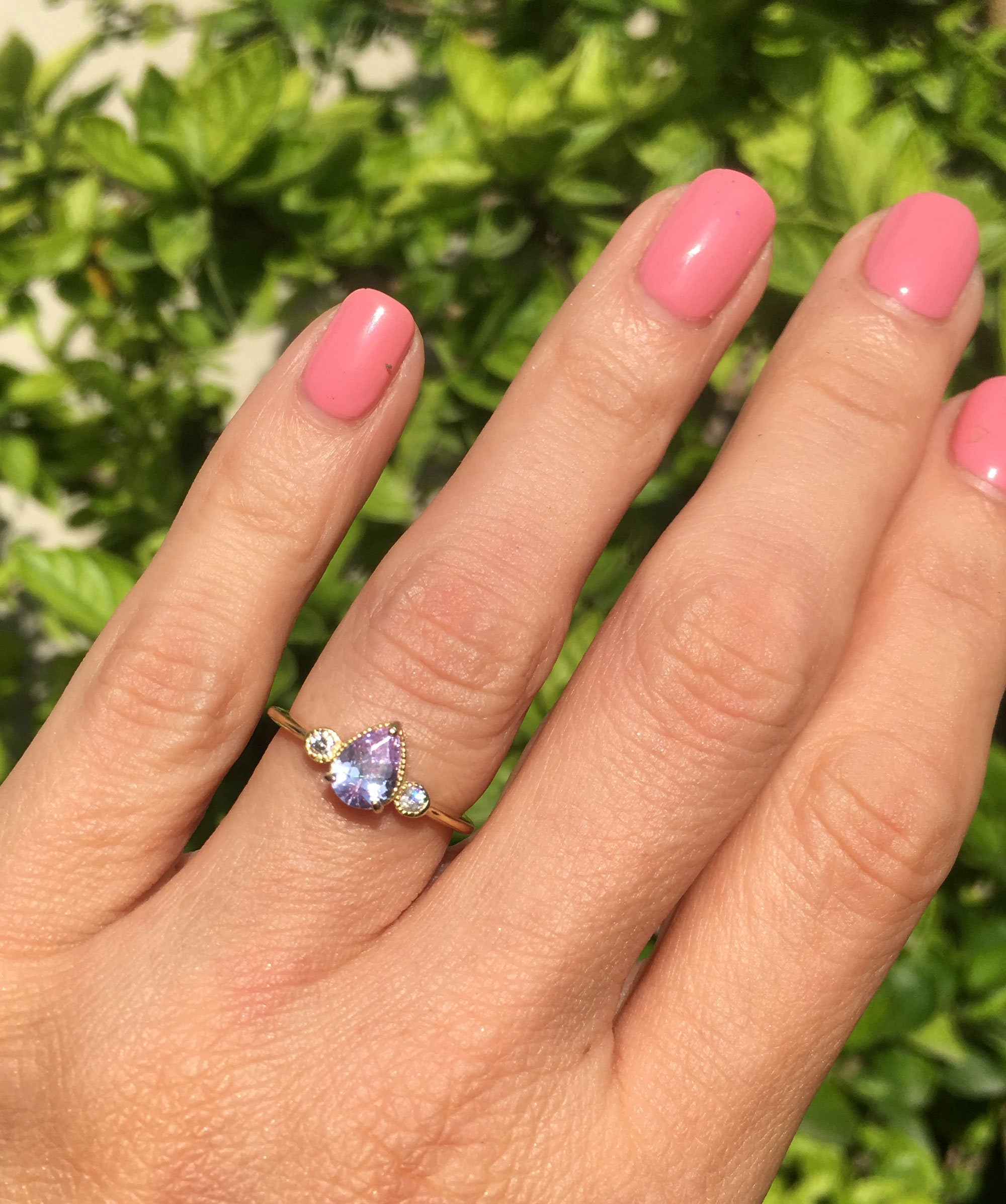 Lavender Amethyst Ring - Tiny Delicate Ring with Pear-Shaped Lavender Amethyst and Clear Quartz Accents - H.L.Jewelry