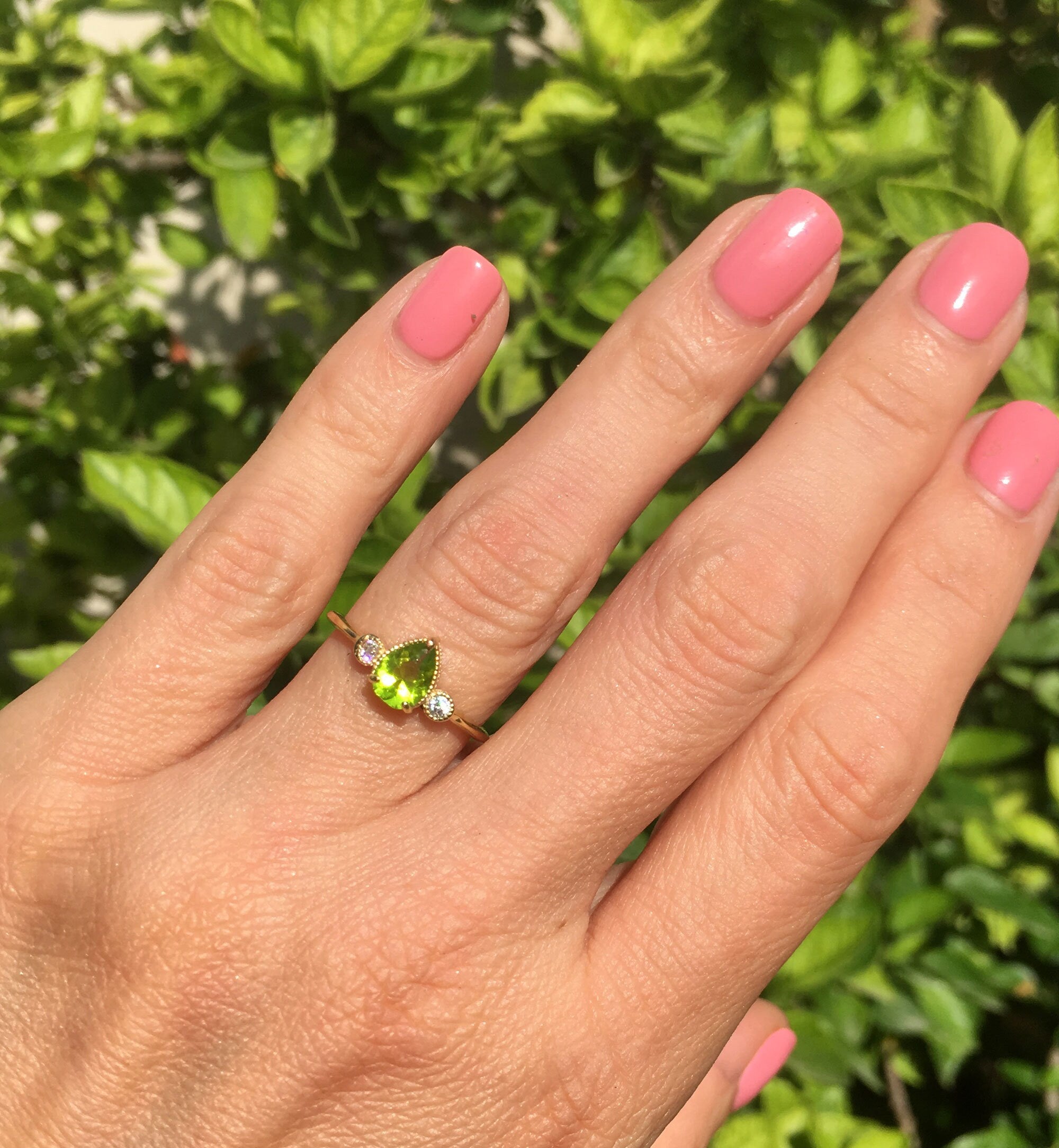 Peridot Ring - August Birthstone - Delicate Ring with Pear-Shaped Peridot Gemstone and Clear Quartz Accents - H.L.Jewelry