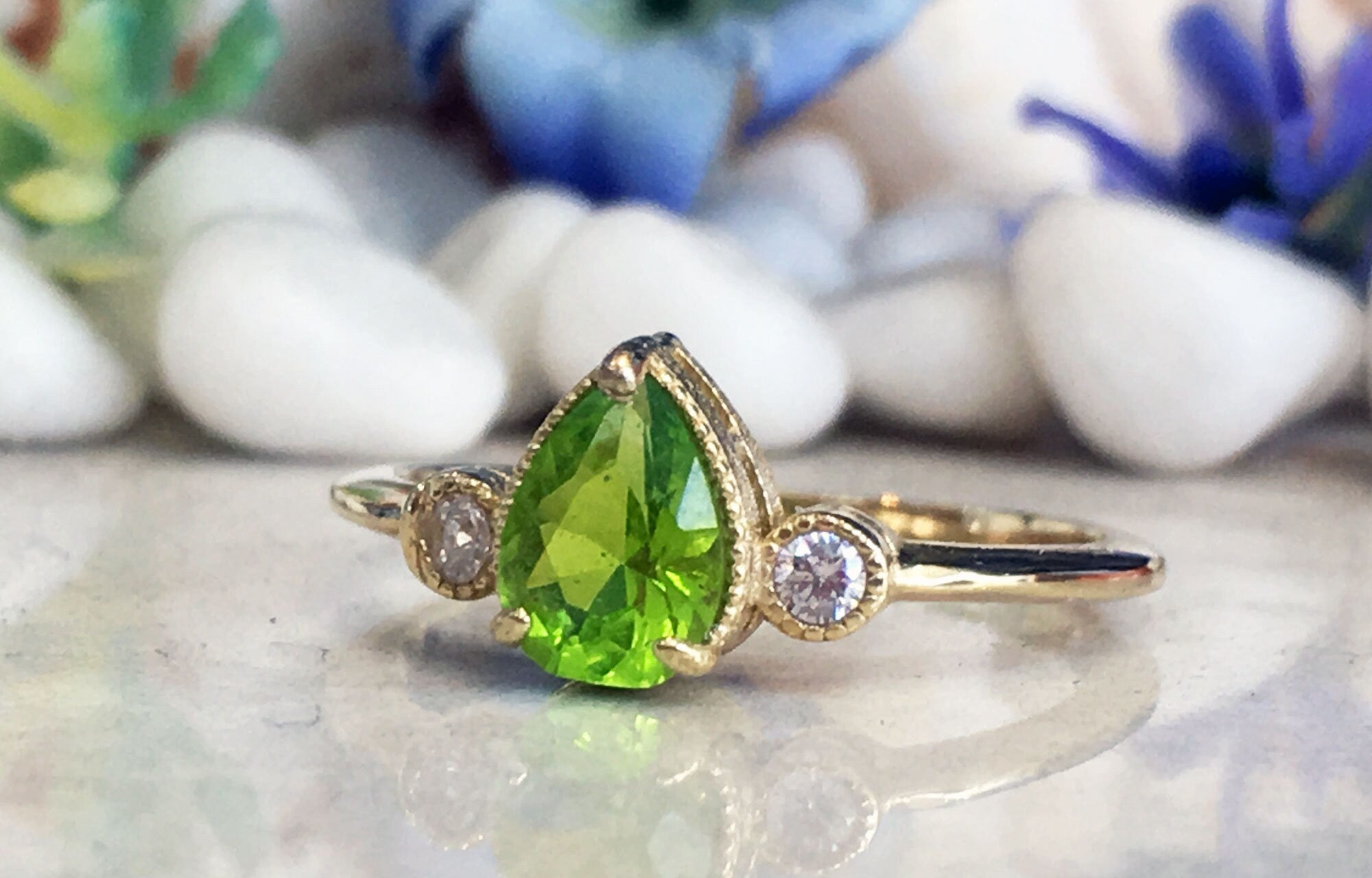 Peridot Ring - August Birthstone - Delicate Ring with Pear-Shaped Peridot Gemstone and Clear Quartz Accents - H.L.Jewelry