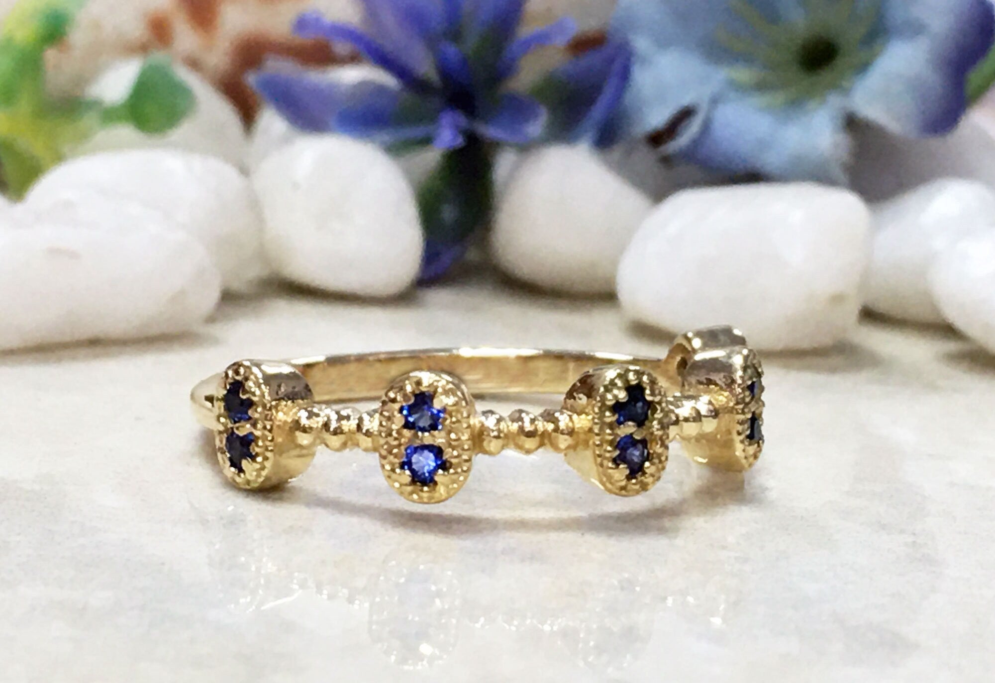 Blue Sapphire Ring - September Birthstone - Five Bezel-Sets Ring with Blue Sapphire Gemstones - H.L.Jewelry