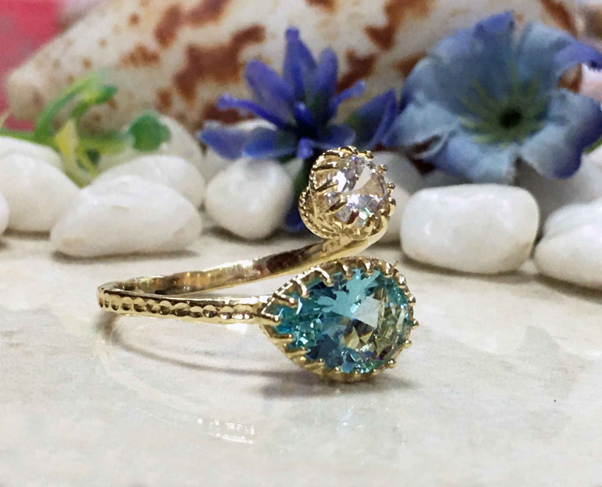 Aquamarine Ring - March Birthstone - Hammered Band Ring with Pear-Shaped Aquamarine and Round Clear Quartz - H.L.Jewelry