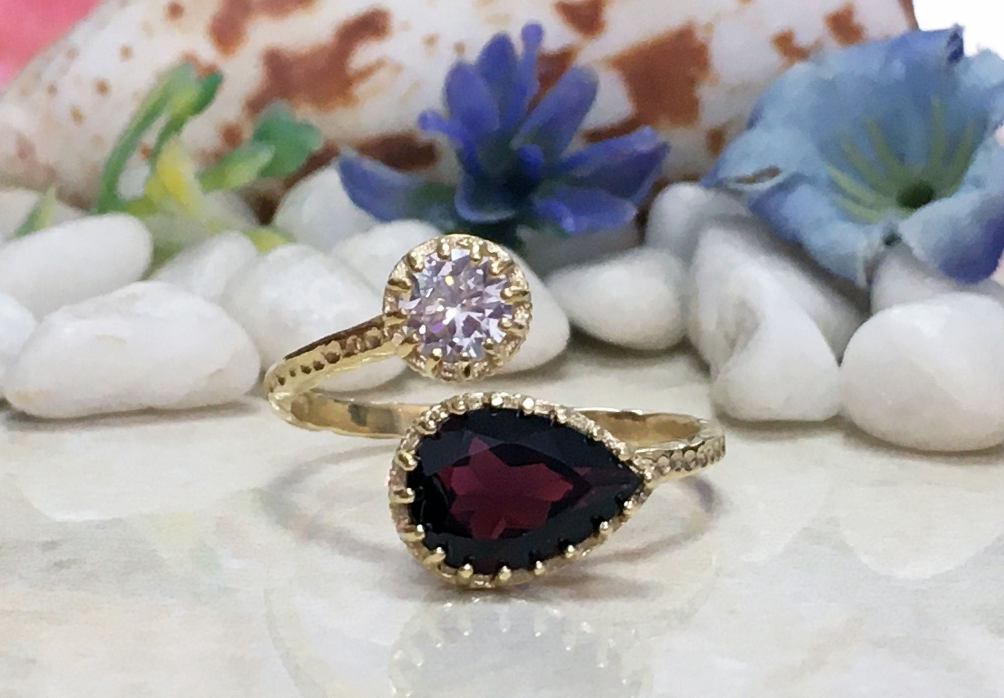 Dual Gemstone Ring - Two Birthstone Ring - Hammered Band Ring with Pear-Shaped Red Garnet Gemstone and Round Clear Quartz - H.L.Jewelry