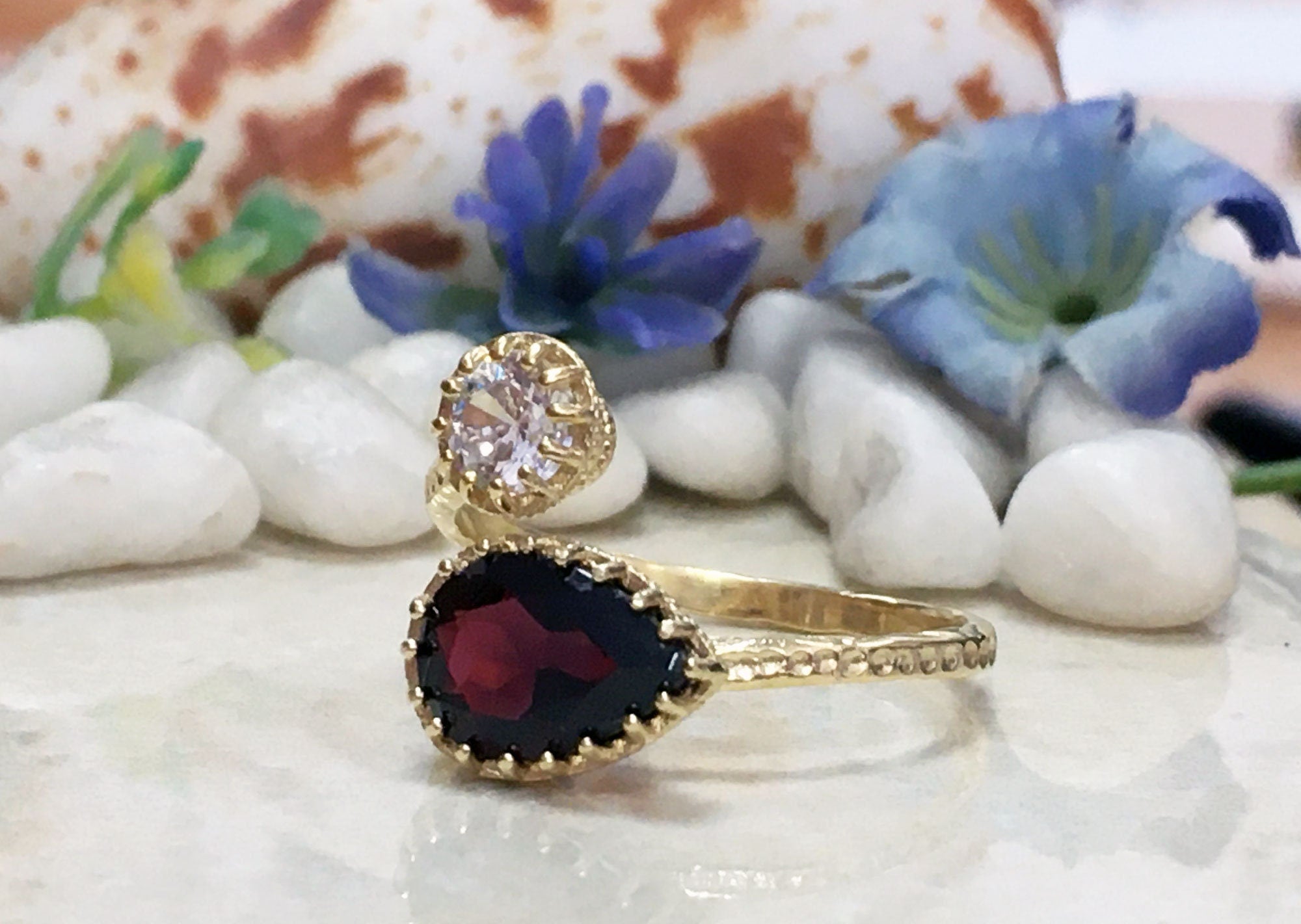 Dual Gemstone Ring - Two Birthstone Ring - Hammered Band Ring with Pear-Shaped Red Garnet Gemstone and Round Clear Quartz - H.L.Jewelry