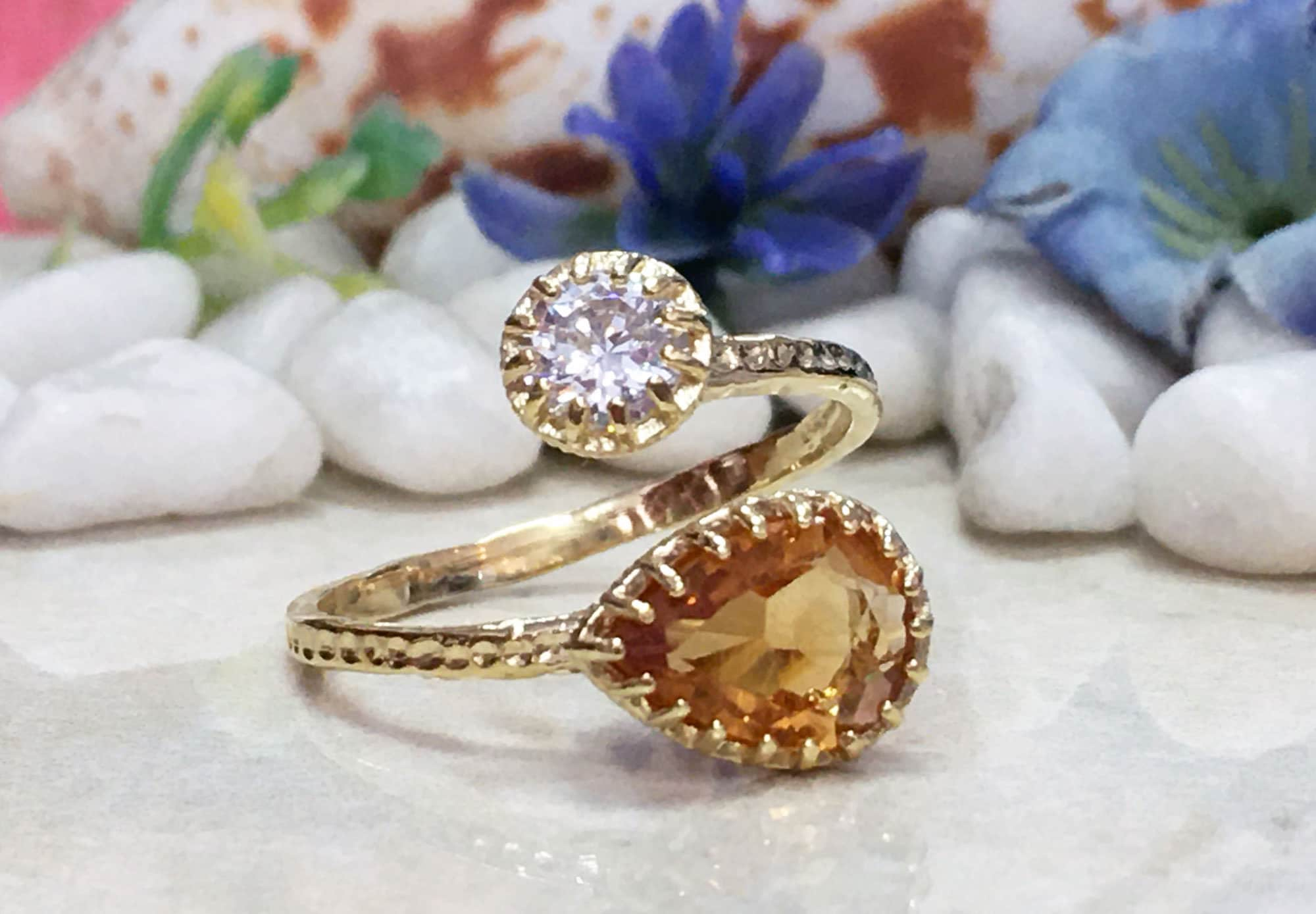 Dual Gemstone Ring - Two Birthstone Ring - Hammered Band Ring with Pear-Shaped Citrine and Round Clear Quartz - H.L.Jewelry