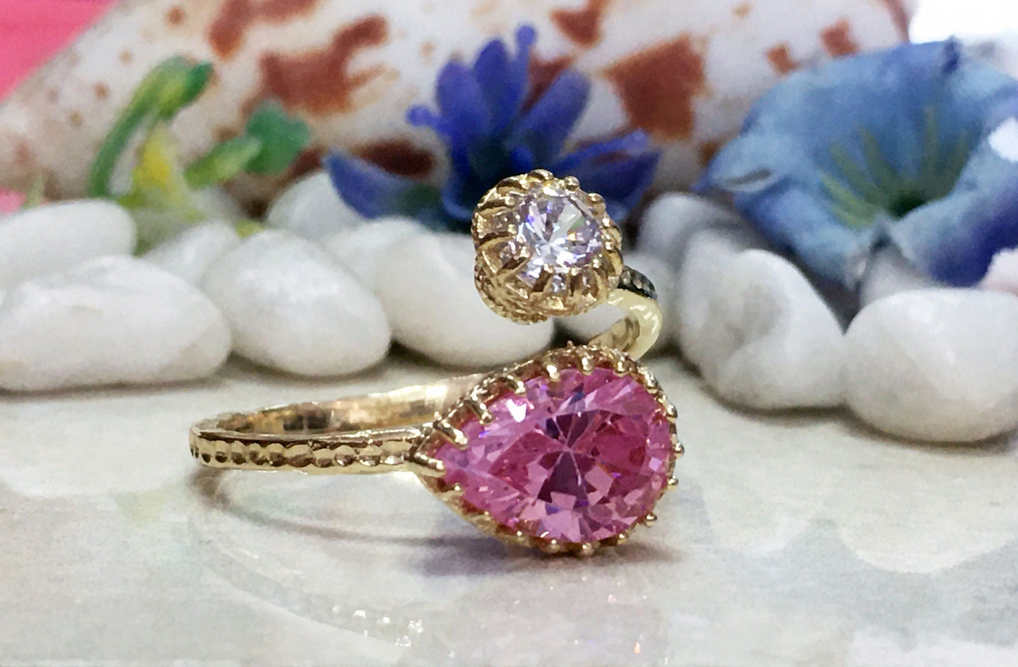 Rose Quartz Ring - Dual Gemstone Ring - Two Birthstone Ring - October Birthstone - Gold Ring - Hammered Ring - H.L.Jewelry