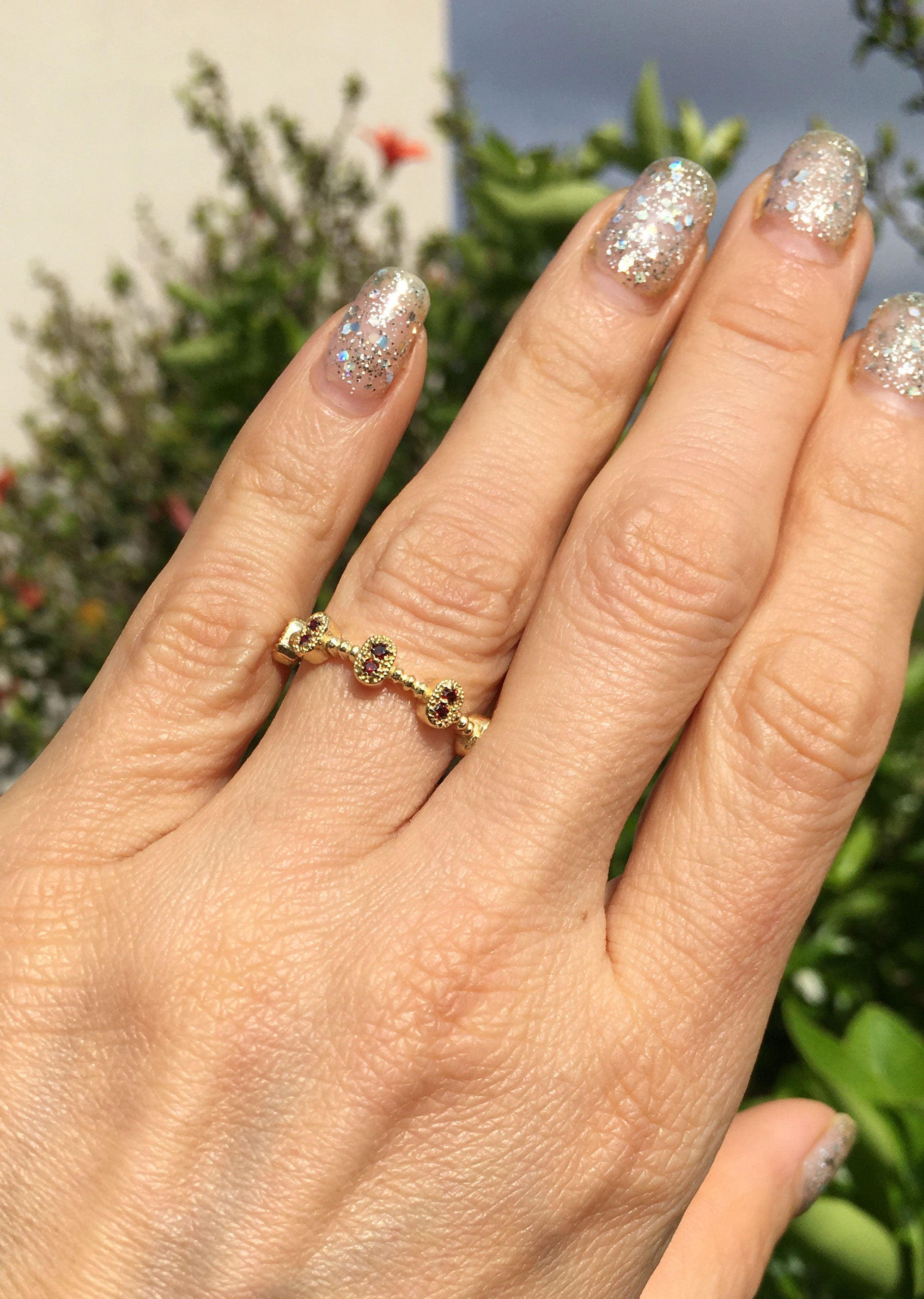 Red Garnet Ring - January Birthstone - Five Bezel-Sets Ring with Red Garnet Accents - H.L.Jewelry