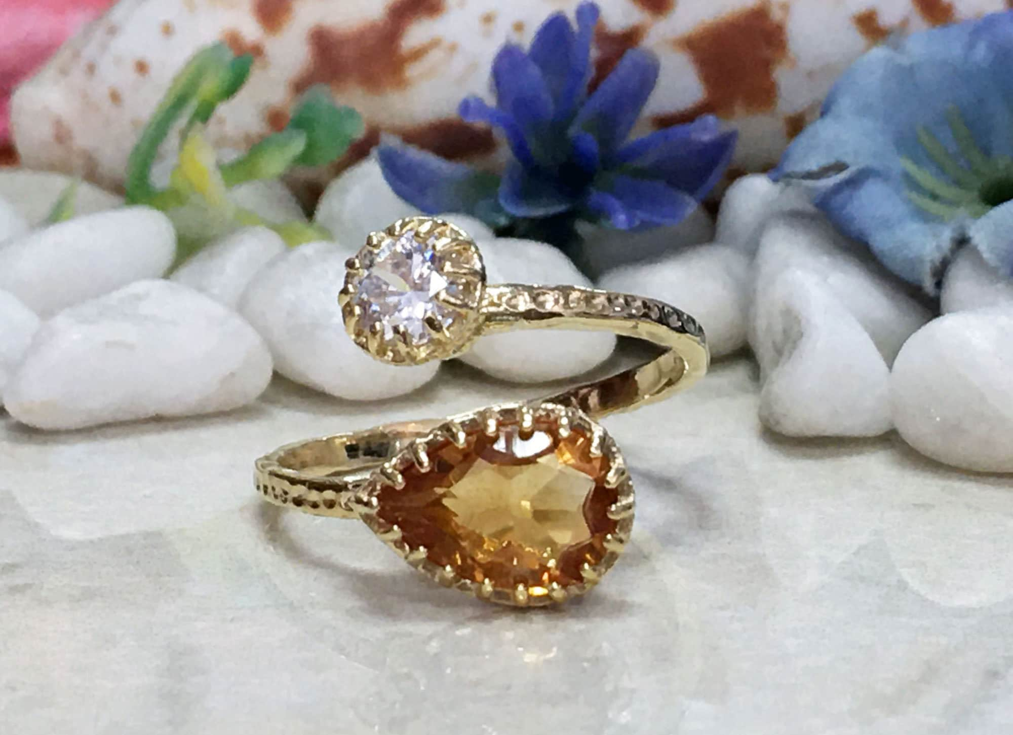 Dual Gemstone Ring - Two Birthstone Ring - Hammered Band Ring with Pear-Shaped Citrine and Round Clear Quartz - H.L.Jewelry