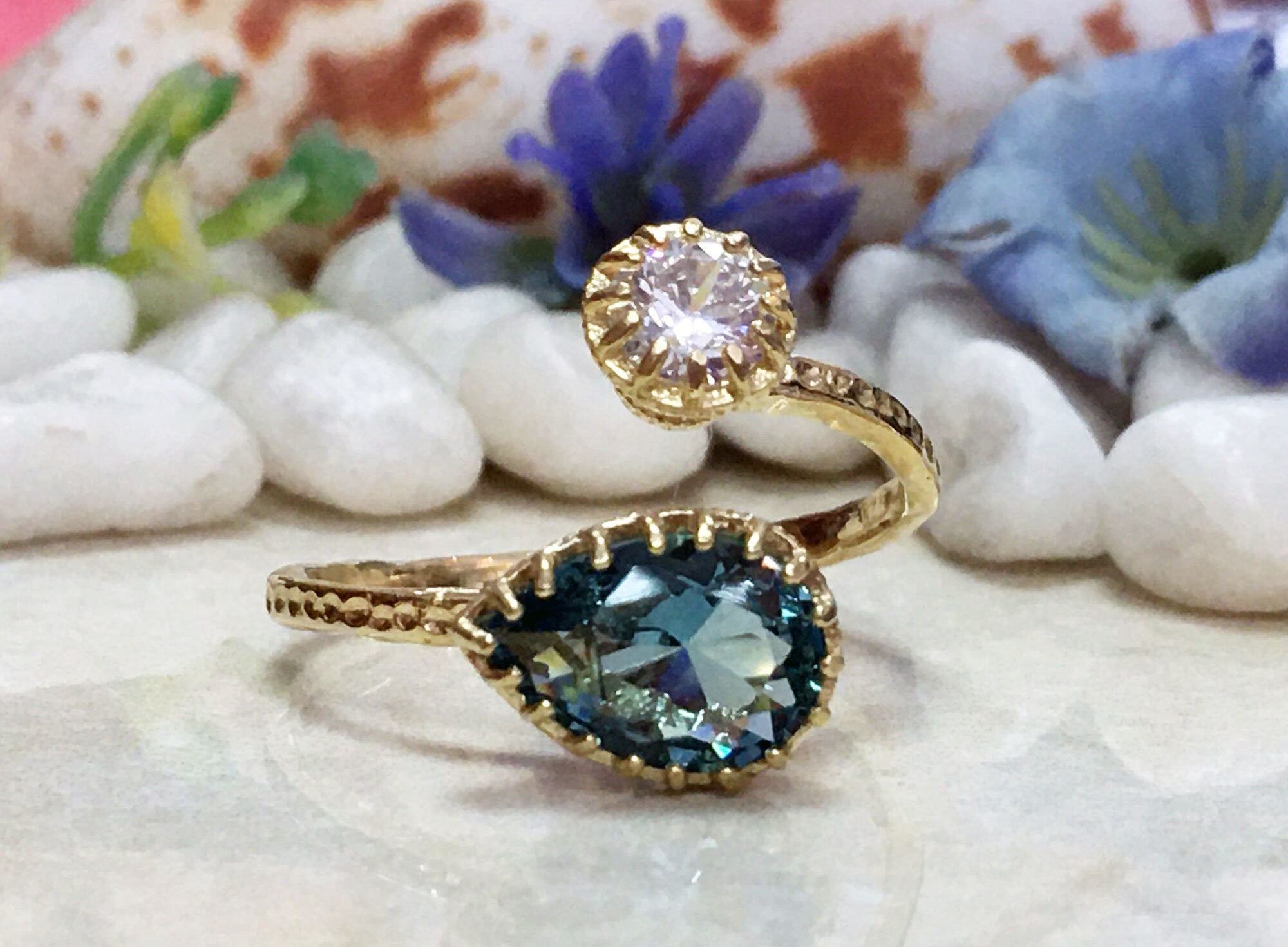 Dual Gemstone Ring - Two Birthstone Ring - Hammered Band Ring with Pear-Shaped Blue Topaz and Round Clear Quartz - H.L.Jewelry