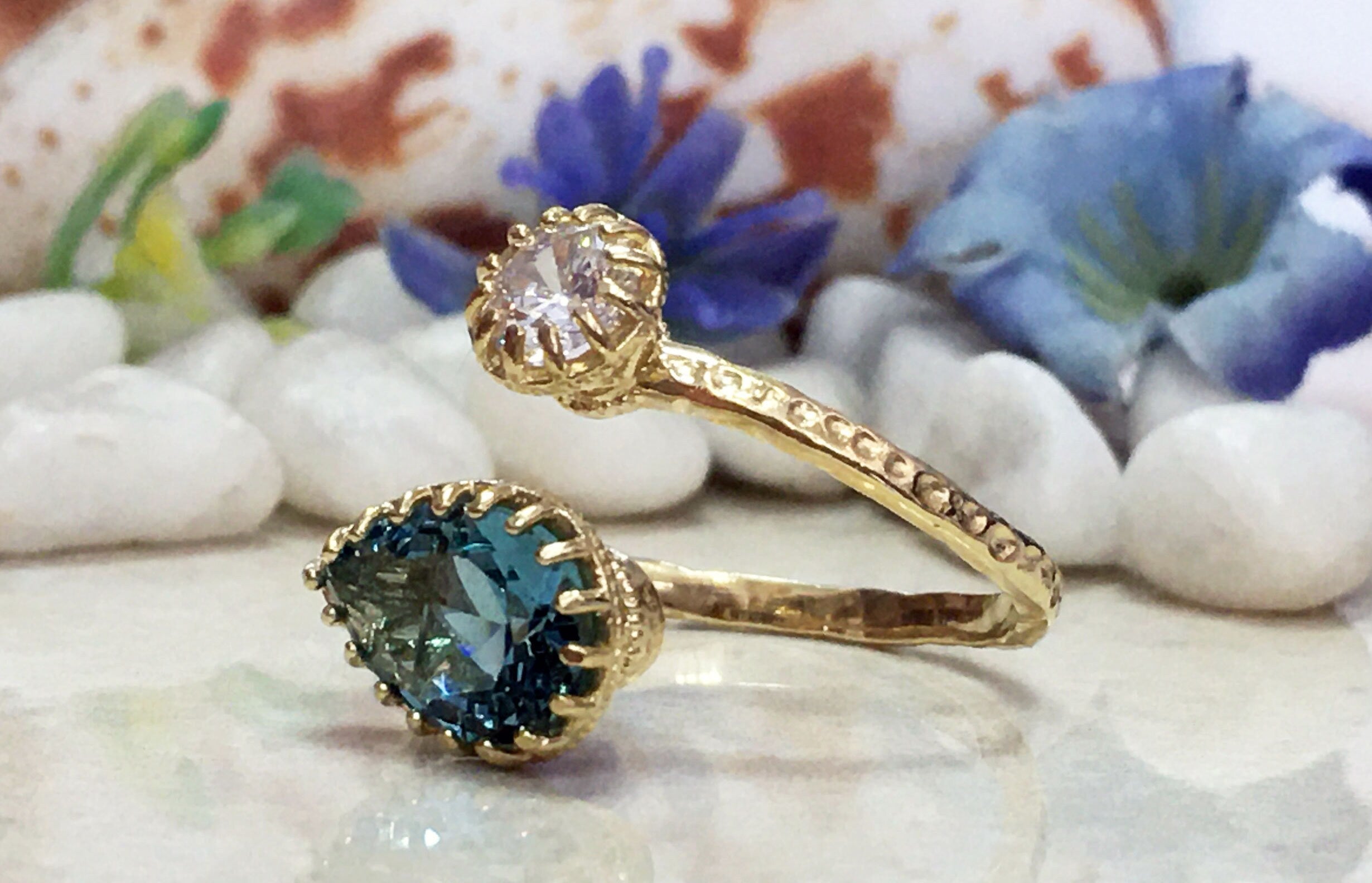 Dual Gemstone Ring - Two Birthstone Ring - Hammered Band Ring with Pear-Shaped Blue Topaz and Round Clear Quartz - H.L.Jewelry