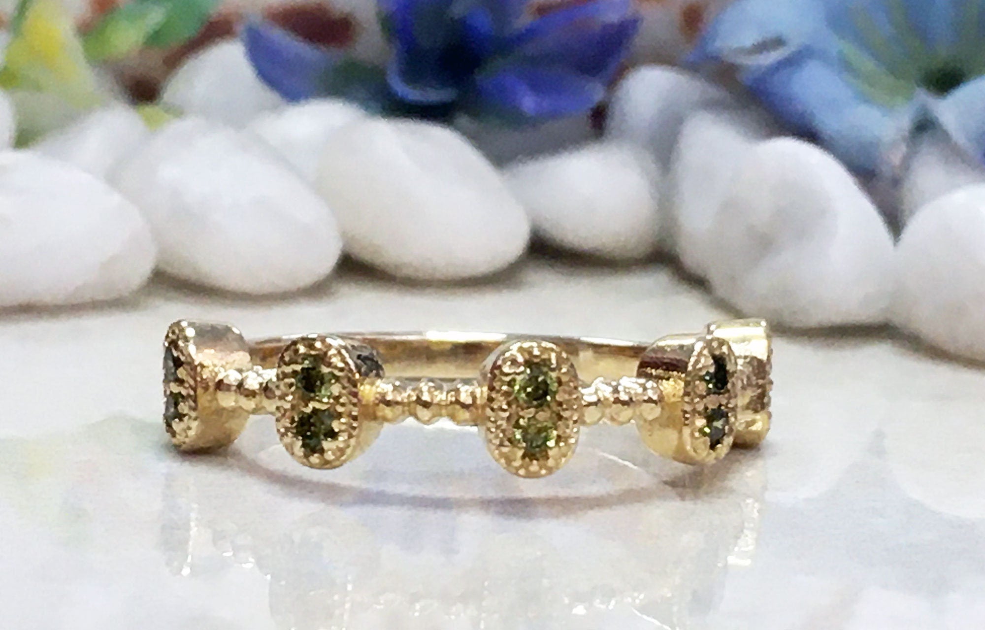 Peridot Ring - August Birthstone - Five Bezel-Sets Ring with Peridot Gemstones - H.L.Jewelry