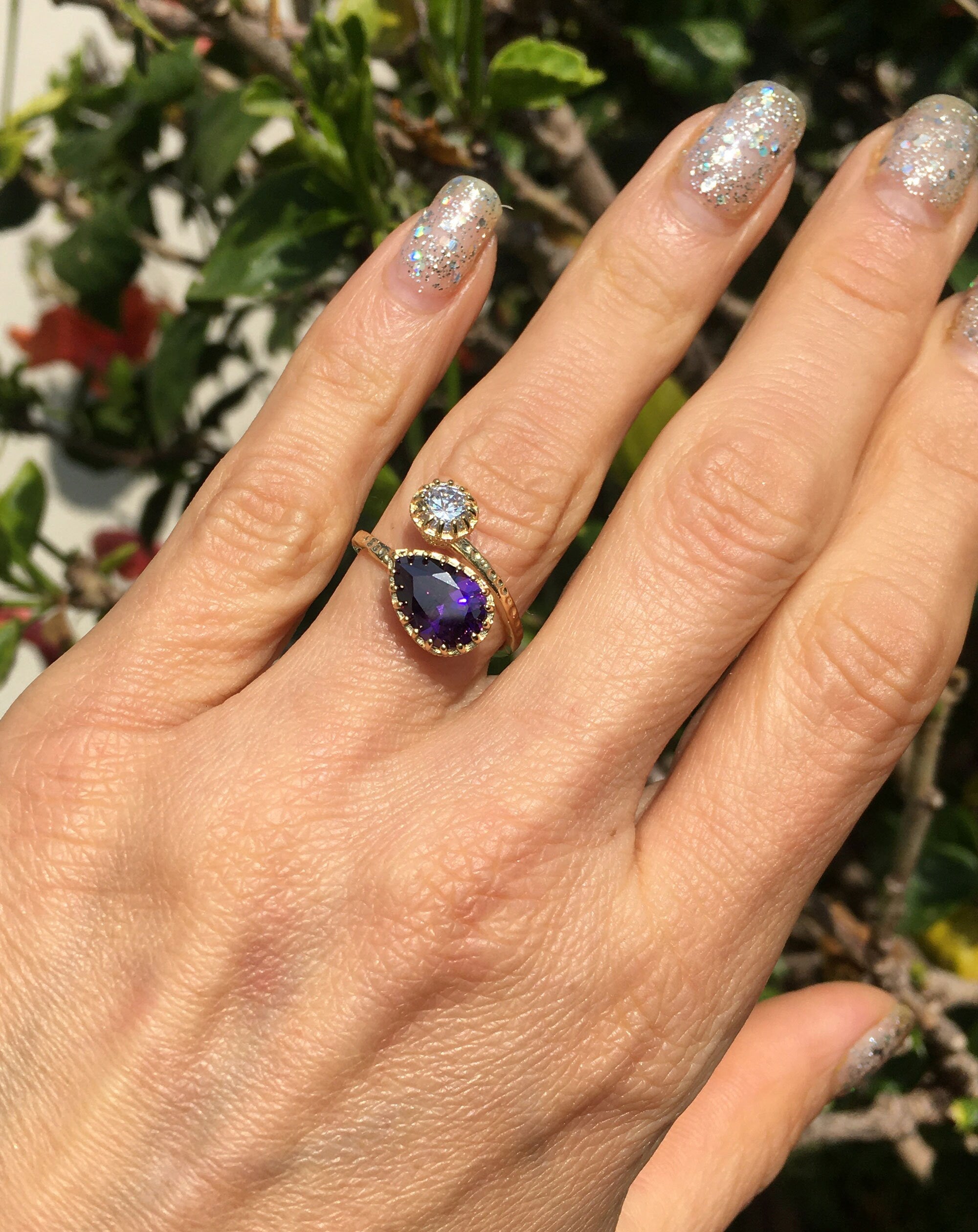 Dual Gemstone Ring - Two Birthstone Ring - Hammered Band Ring with Pear-Shaped Purple Amethyst and Round Clear Quartz - H.L.Jewelry